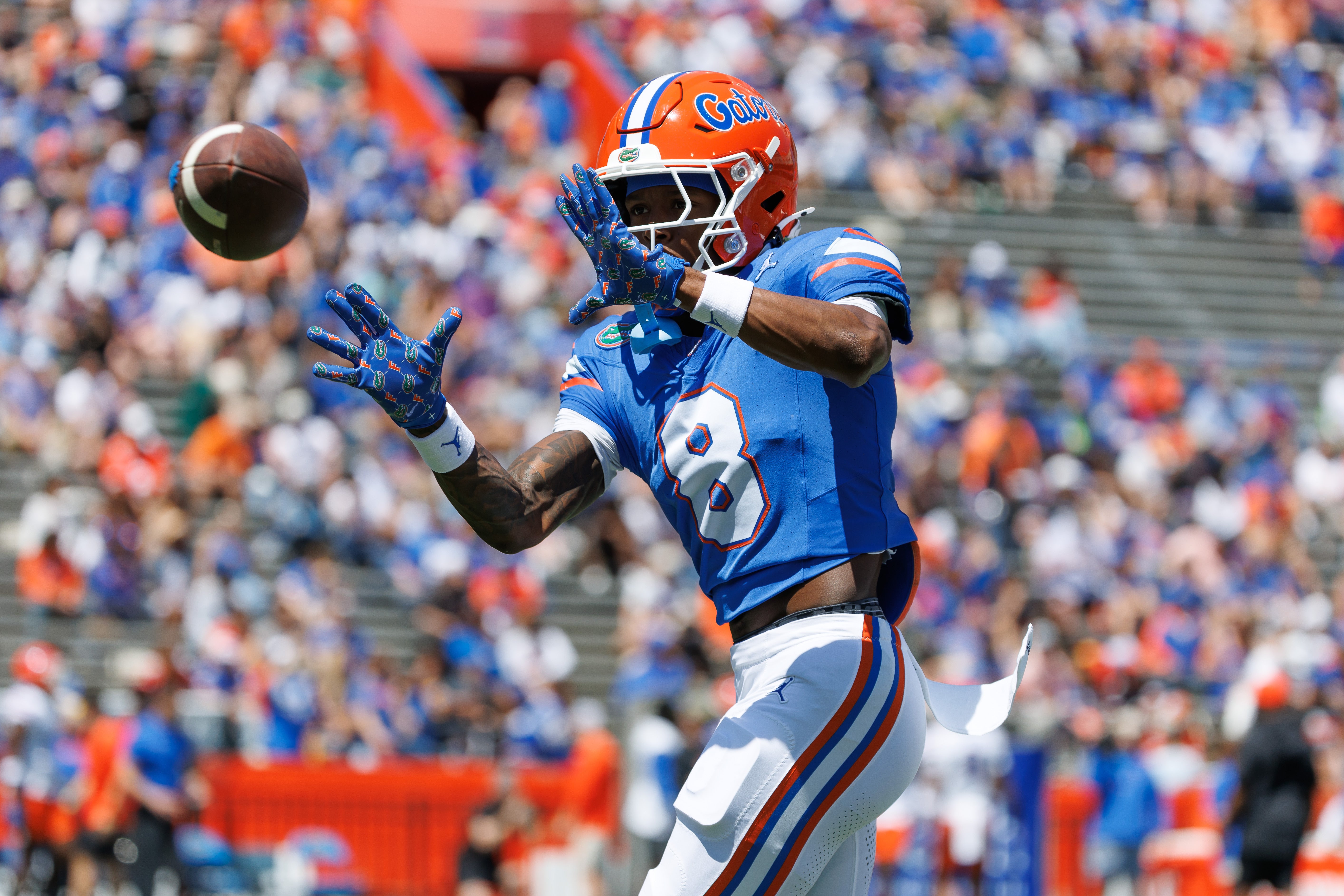 Apr 12, 2025; Gainesville, FL, USA; Florida Gators wide receiver Vernell Brown III (8) makes a catch before the game at Ben Hill Griffin Stadium.