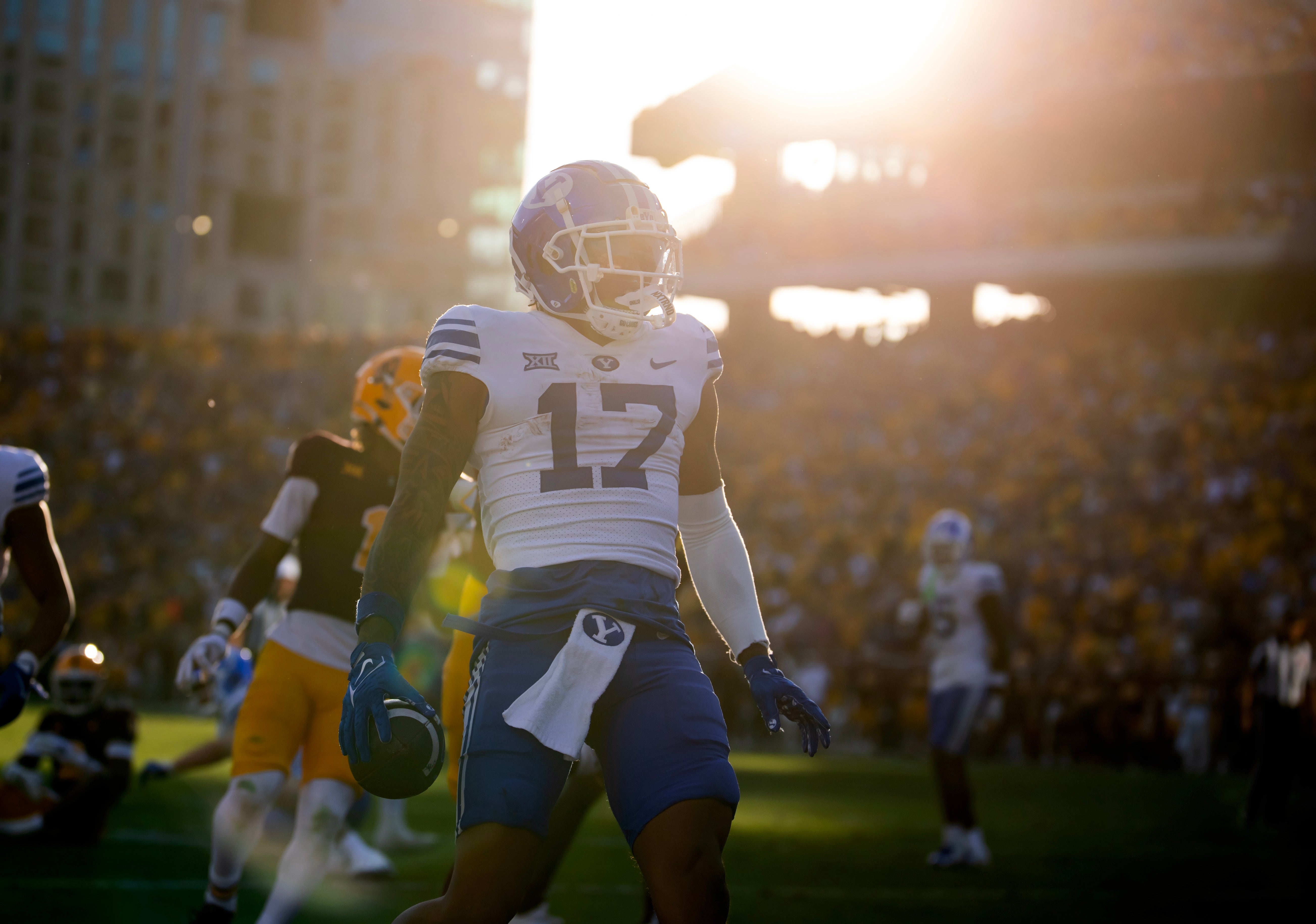 Nov 23, 2024; Tempe, Arizona, USA; Brigham Young Cougars wide receiver Keelan Marion (17) scores a touchdown against the Arizona State Sun Devils at Mountain America Stadium.