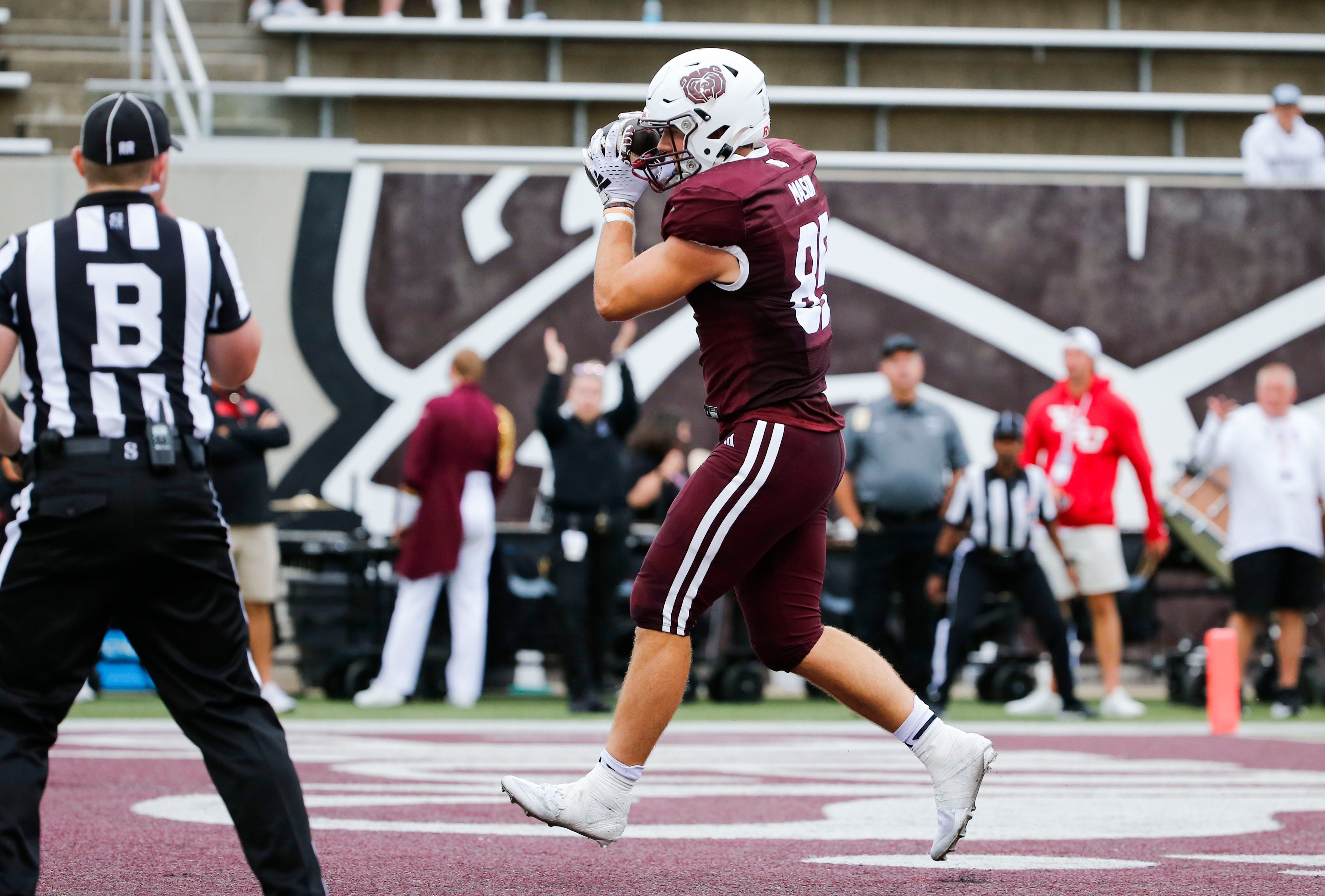 Missouri State Bears tight end Lance Mason (85) scores the game winning touchdown on the Youngstown State Penguins at Plaster Stadium on Saturday, Sept. 28, 2024.