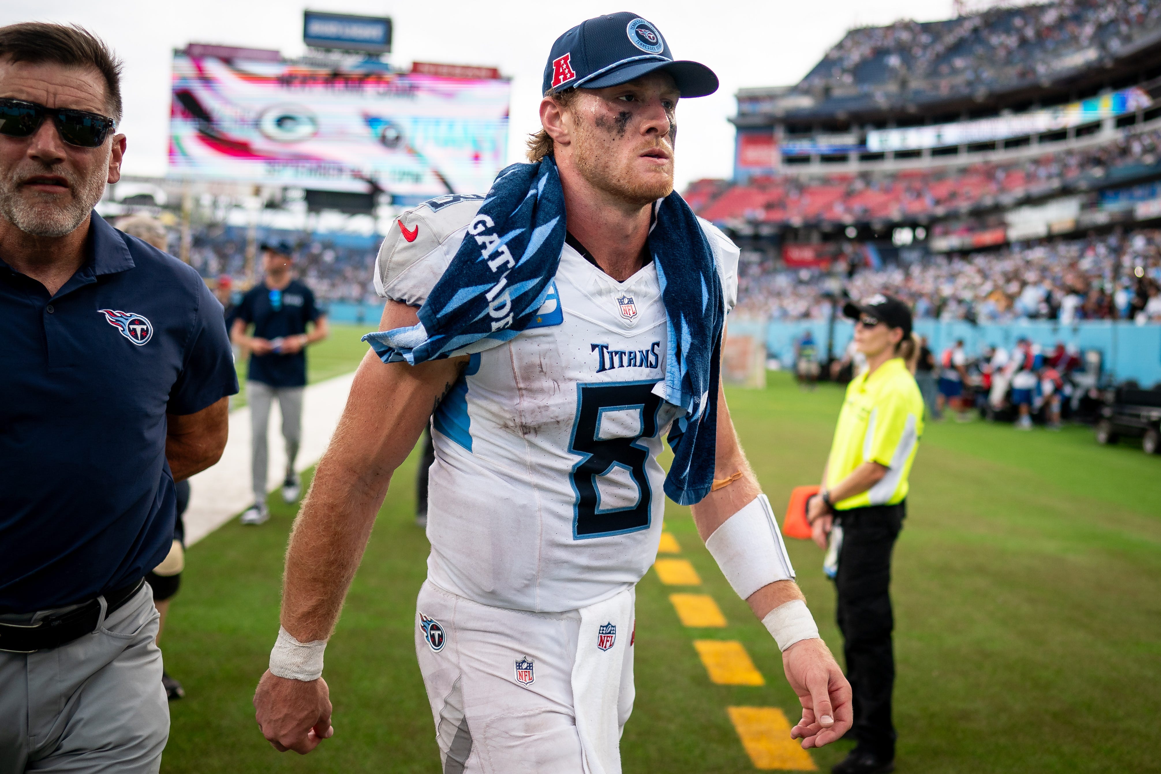Tennessee Titans quarterback Will Levis (8) exits the field after losing 24-17 to the New York Jets in their home opener at Nissan Stadium in Nashville on Sept. 15, 2024.
