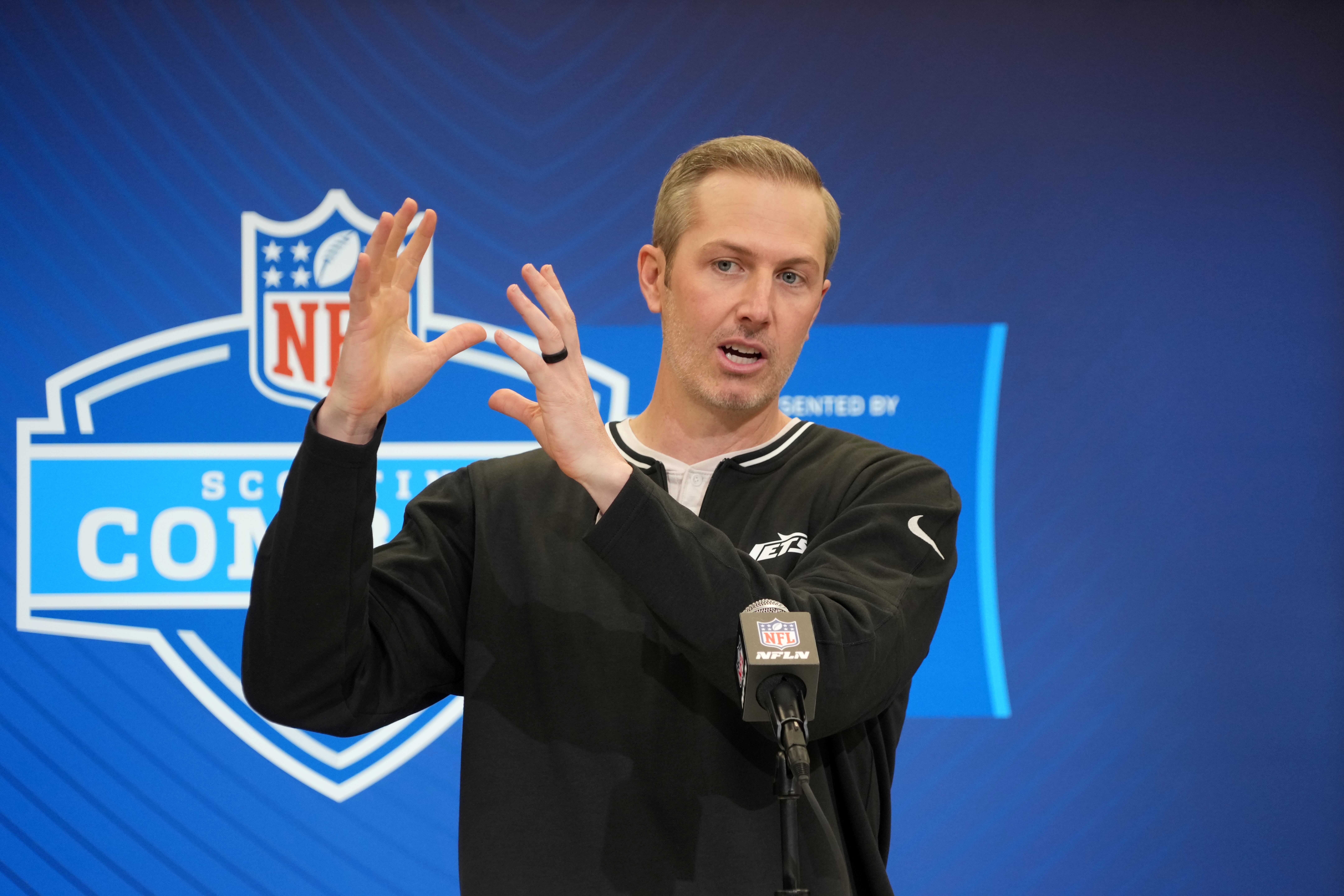 New York Jets general manager Darren Mougey speaks during the NFL Scouting Combine at the Indiana Convention Center.