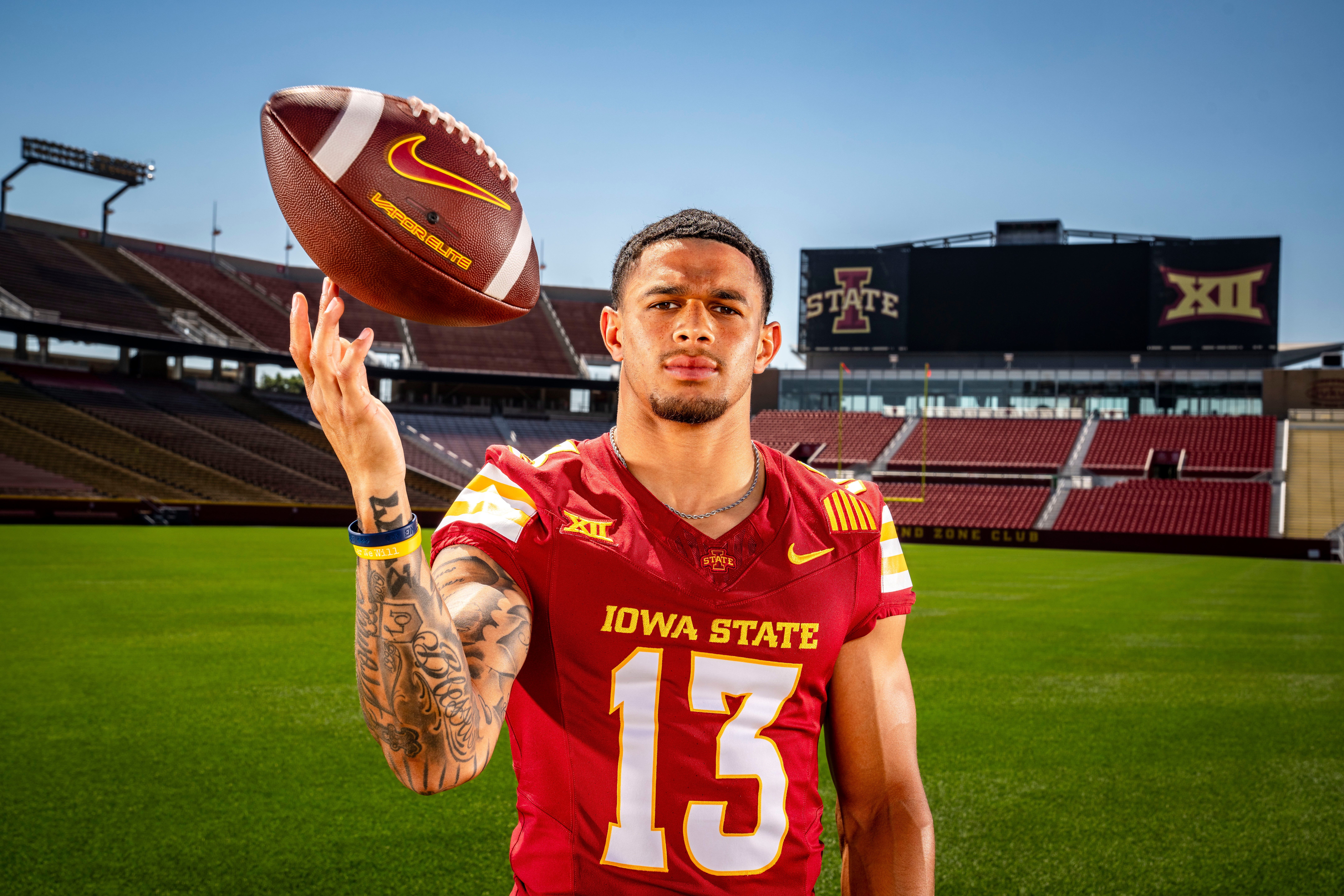 Jaylin Noel stands for a photo during Iowa State Football media day at Jack Trice Stadium in Ames, Friday, Aug. 2, 2024.