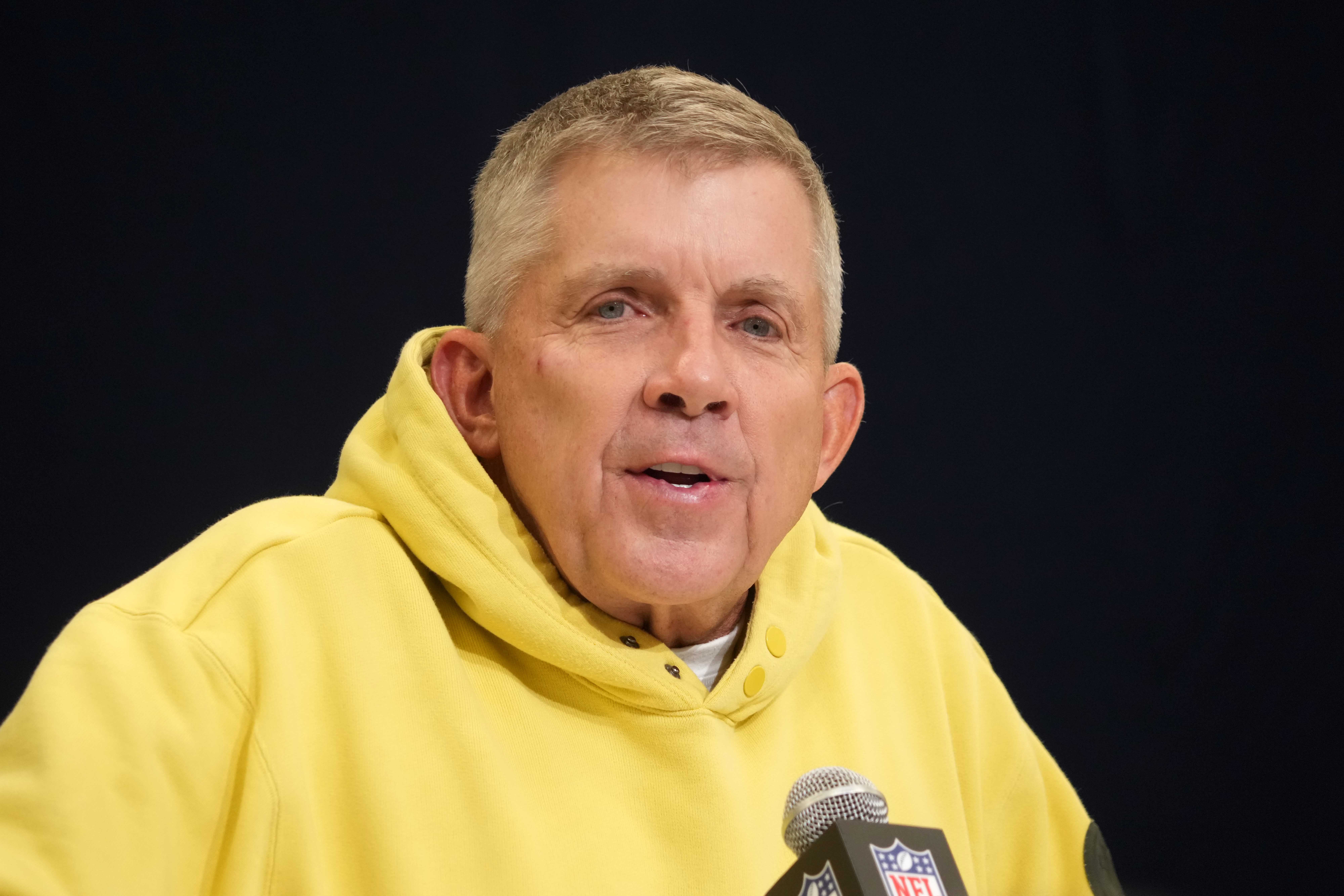 Feb 25, 2025; Indianapolis, IN, USA; Denver Broncos head coach Sean Payton speaks during the NFL Scouting Combine at the Indiana Convention Center.
