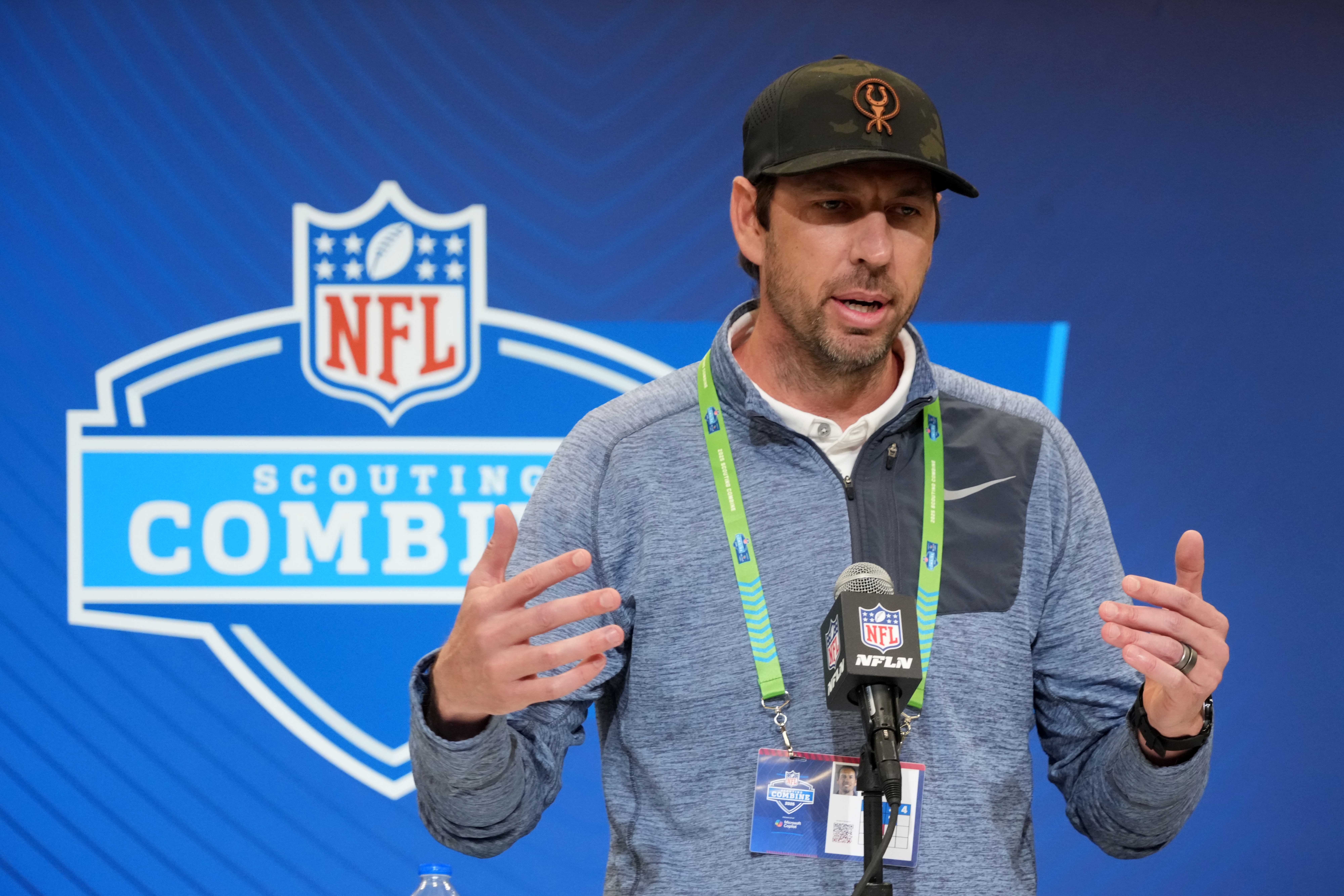 Feb 25, 2025; Indianapolis, IN, USA; Indianapolis Colts coach Shane Steichen speaks during the NFL Scouting Combine at the Indiana Convention Center.