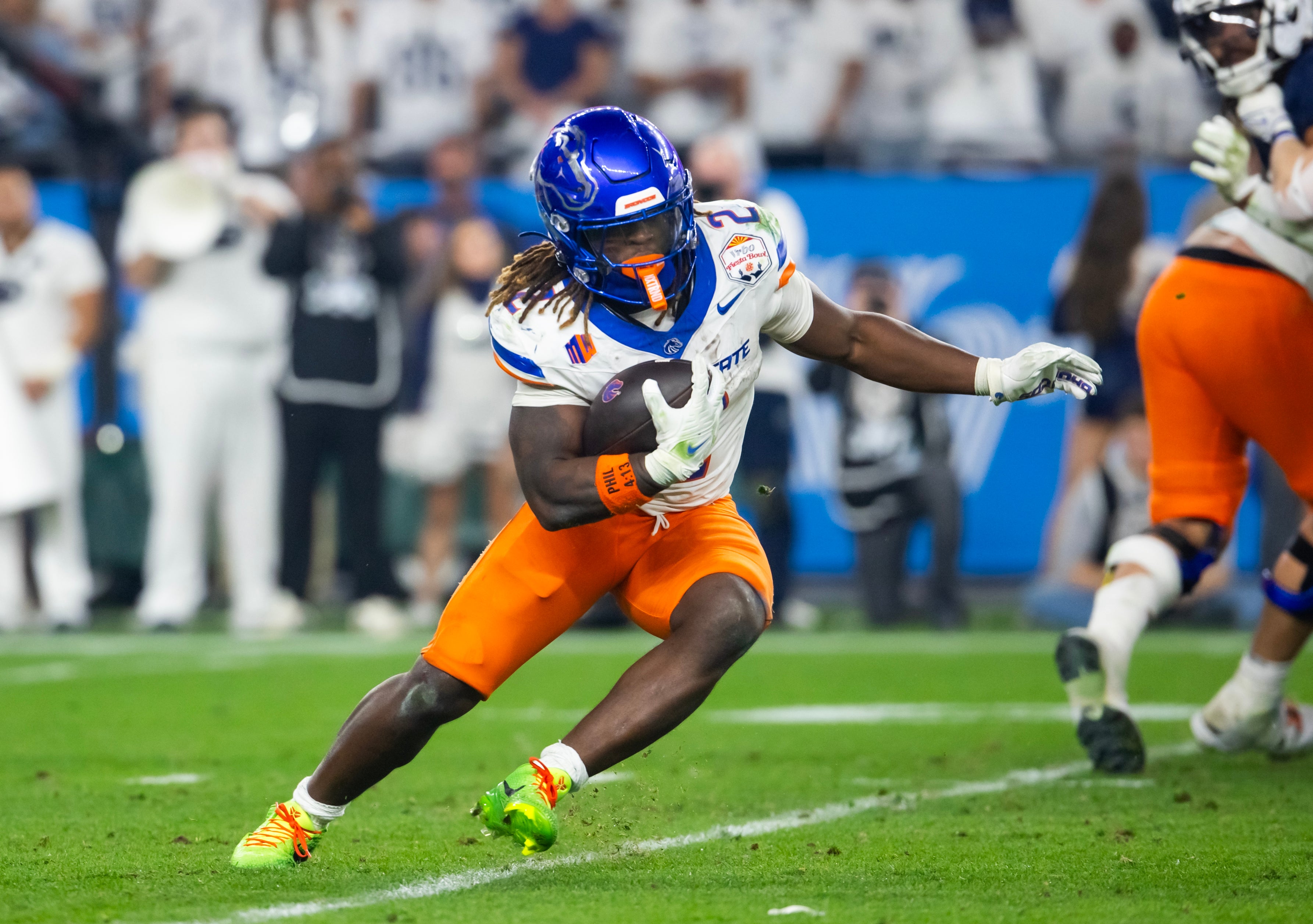 Dec 31, 2024; Glendale, AZ, USA; Boise State Broncos running back Ashton Jeanty (2) against the Penn State Nittany Lions during the Fiesta Bowl at State Farm Stadium.