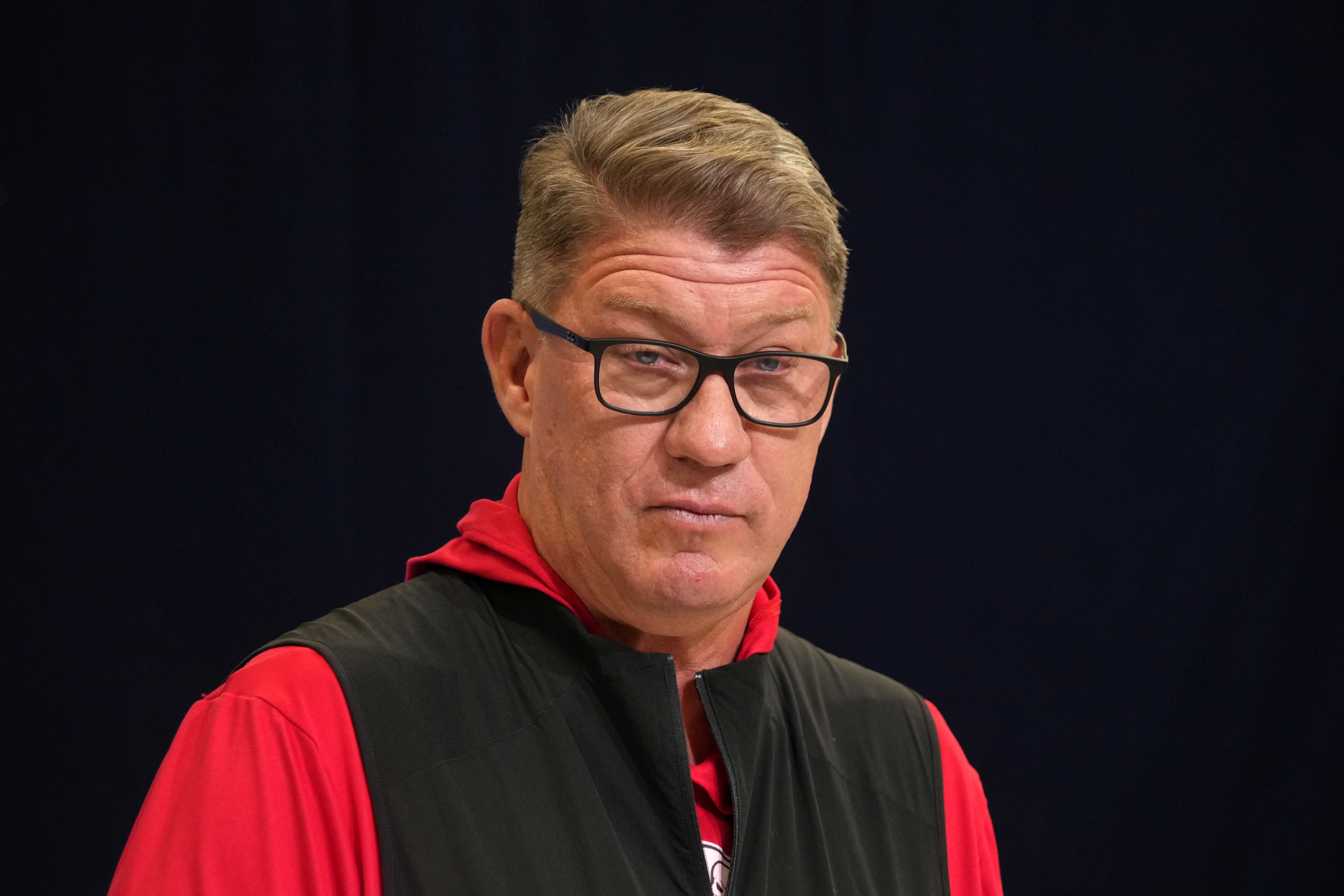 Feb 25, 2025; Indianapolis, IN, USA; Tampa Bay Buccaneers general manager Jason Licht speaks during the NFL Scouting Combine at the Indiana Convention Center.