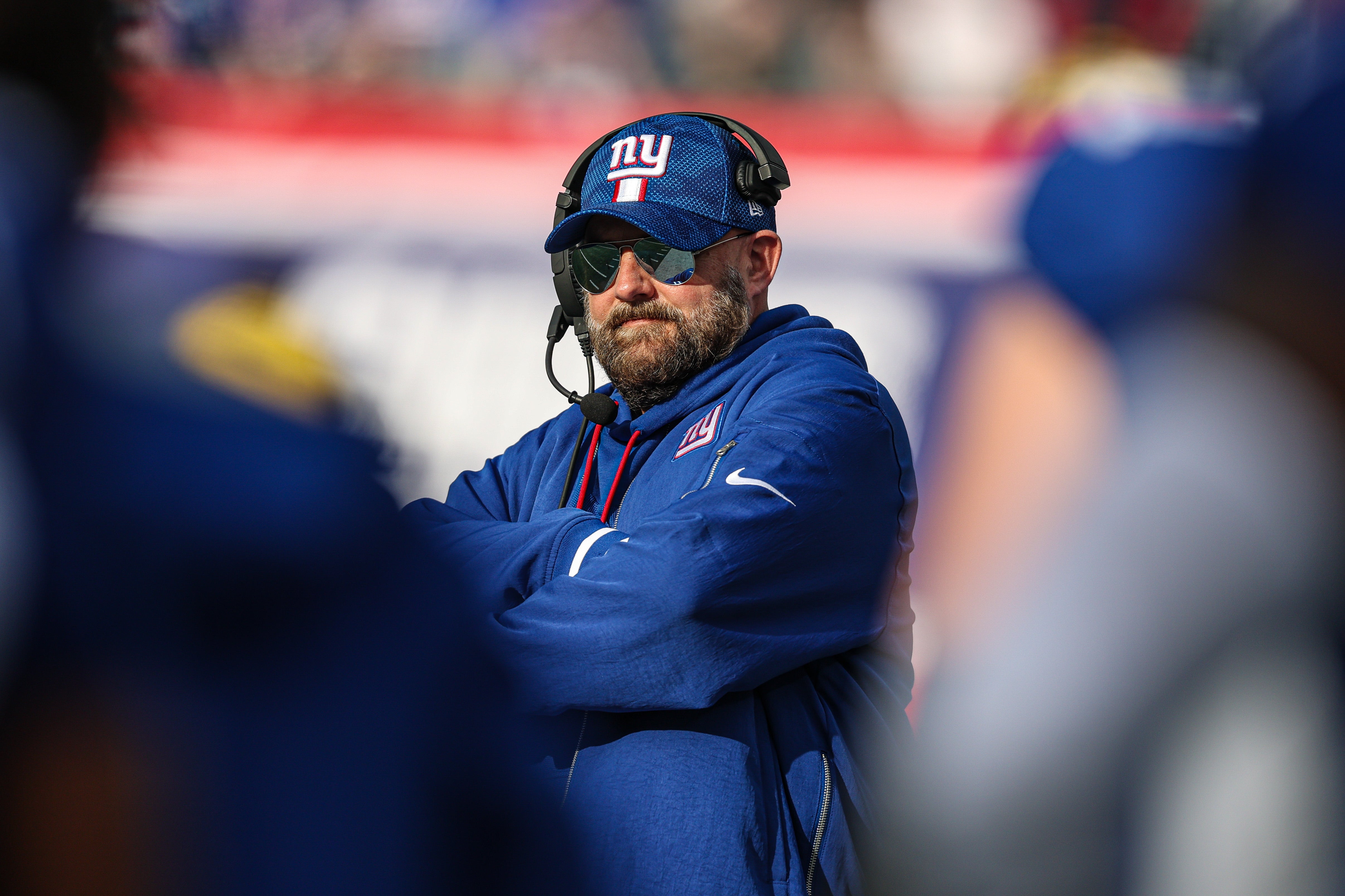 Dec 29, 2024; East Rutherford, New Jersey, USA; New York Giants head coach Brian Daboll looks on during the first half against the Indianapolis Colts at MetLife Stadium.