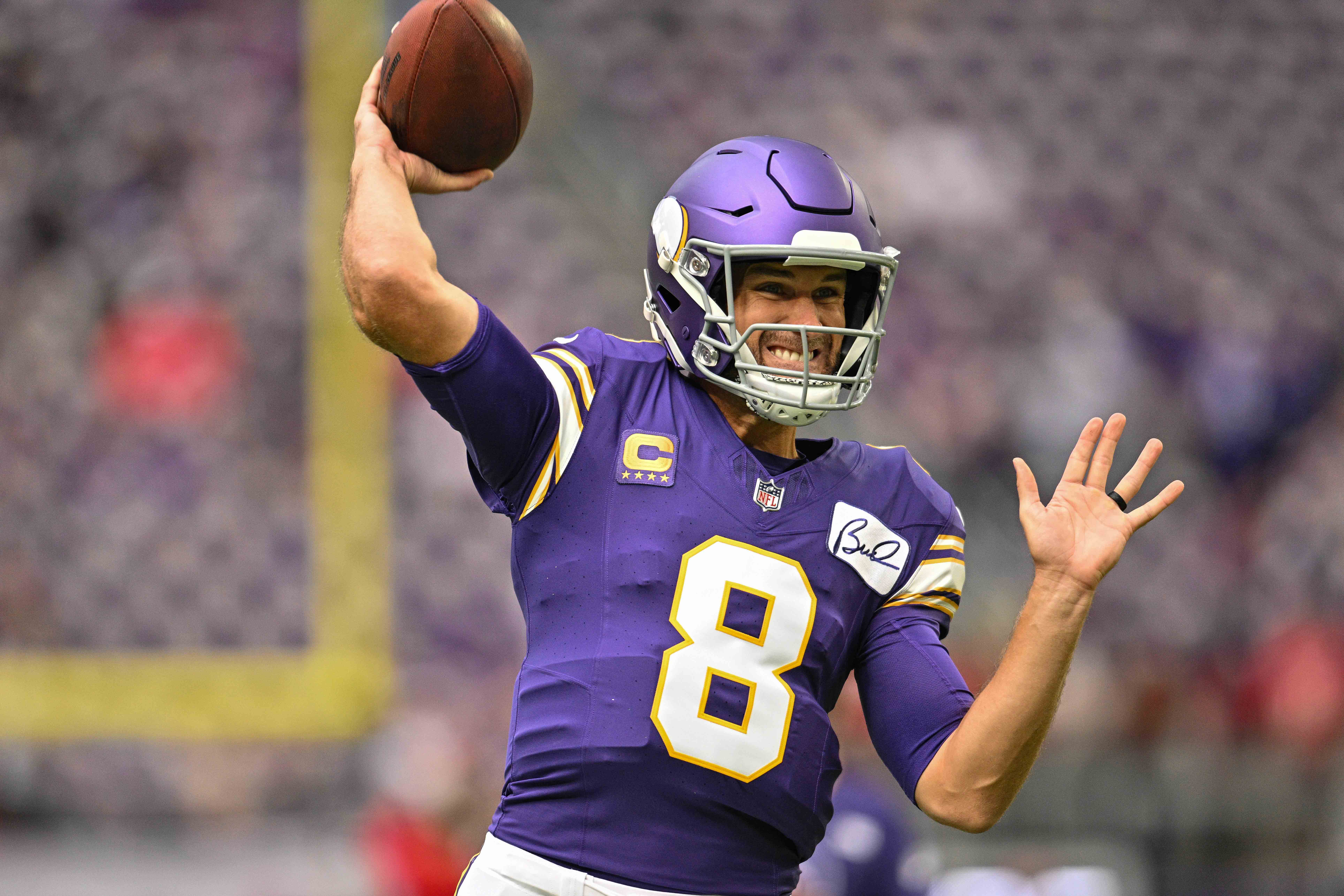 Sep 10, 2023; Minneapolis, Minnesota, USA; Minnesota Vikings quarterback Kirk Cousins (8) warms up before the game against the Tampa Bay Buccaneers at U.S. Bank Stadium.