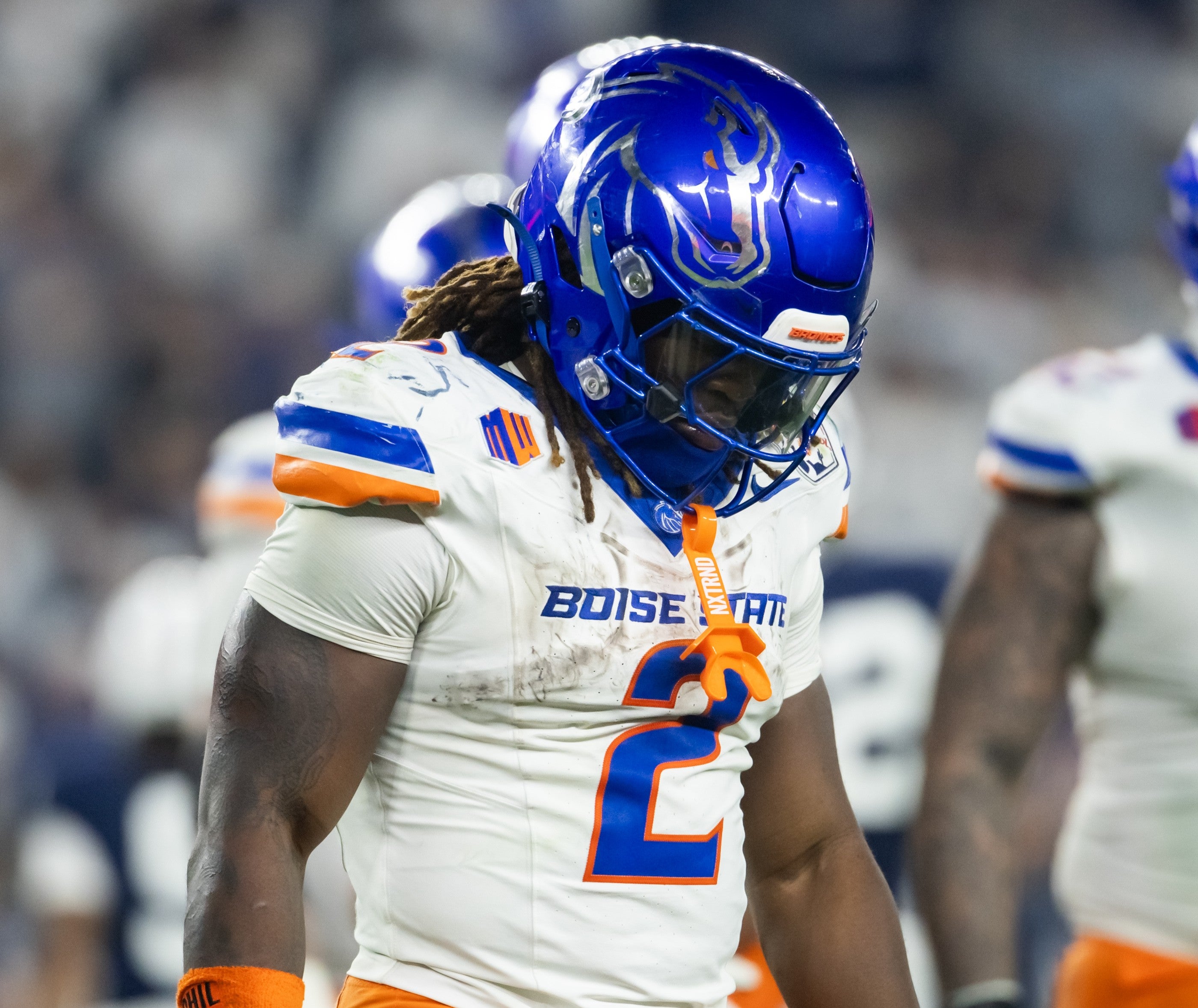 Dec 31, 2024; Glendale, AZ, USA; Boise State Broncos running back Ashton Jeanty (2) reacts against the Penn State Nittany Lions during the Fiesta Bowl at State Farm Stadium.