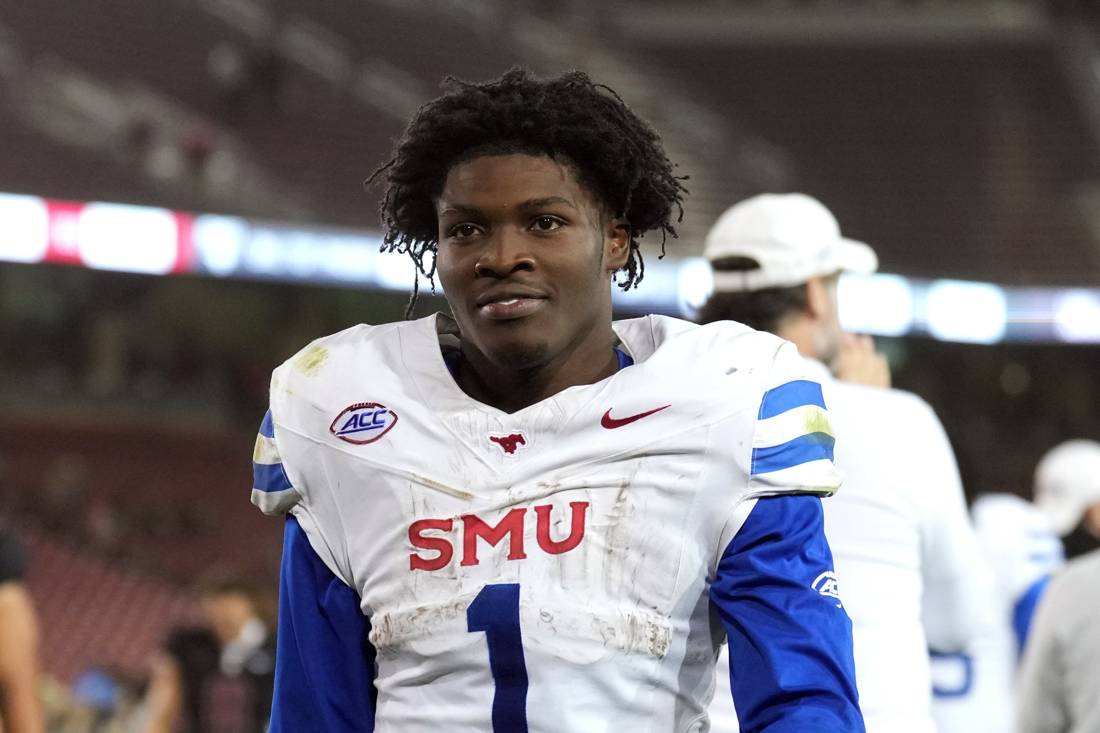 Oct 19, 2024; Stanford, California, USA; Southern Methodist Mustangs running back Brashard Smith (1) after the game against the Stanford Cardinal at Stanford Stadium.