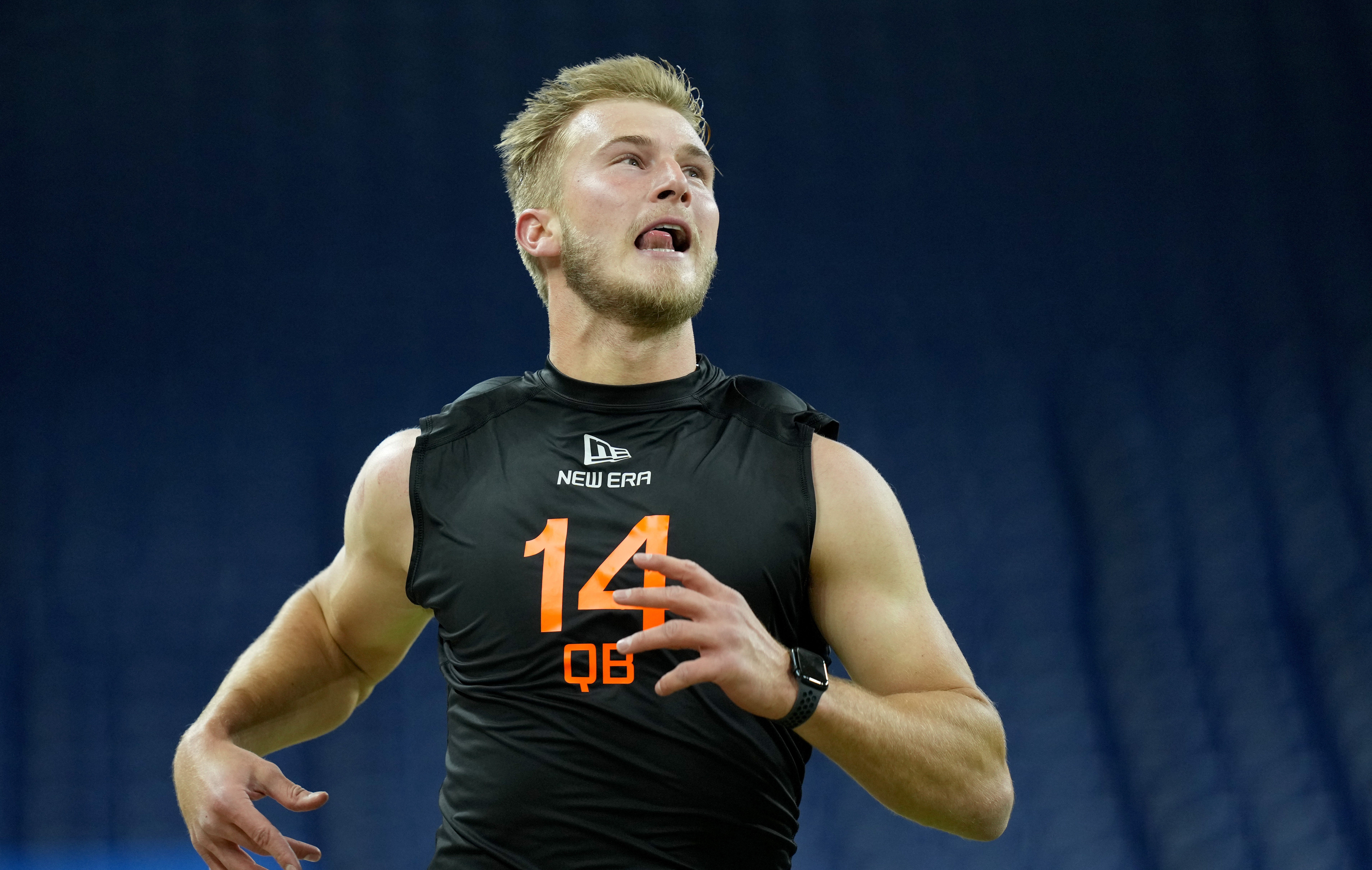 Louisville quarterback Tyler Shough (QB14) during the 2025 NFL Combine at Lucas Oil Stadium. Kirby Lee-Imagn Images