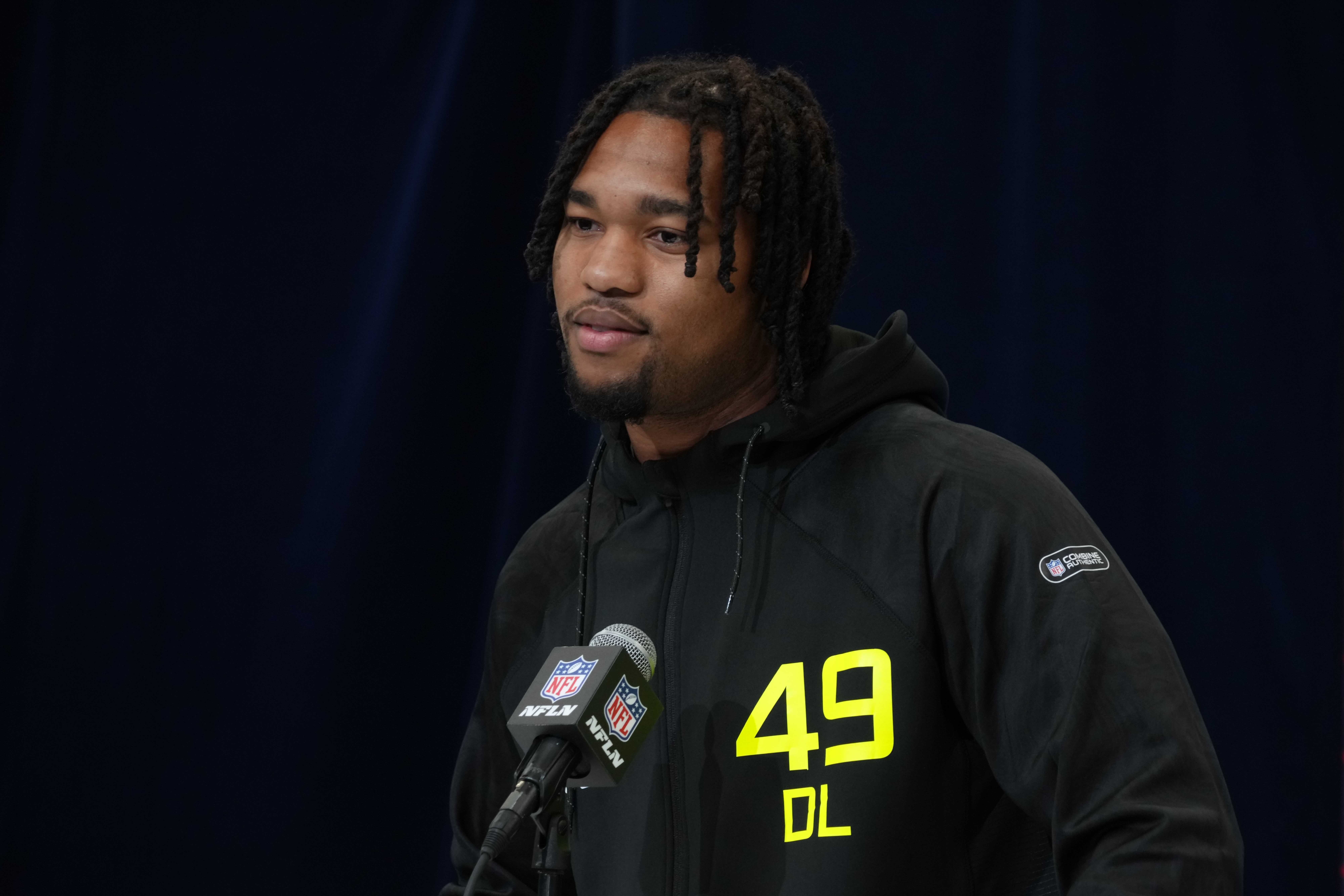 Feb 27, 2025; Indianapolis, IN, USA; Marshall defensive lineman Mike Green (DL49) during the 2025 NFL Scouting Combine at the Indiana Convention Center.