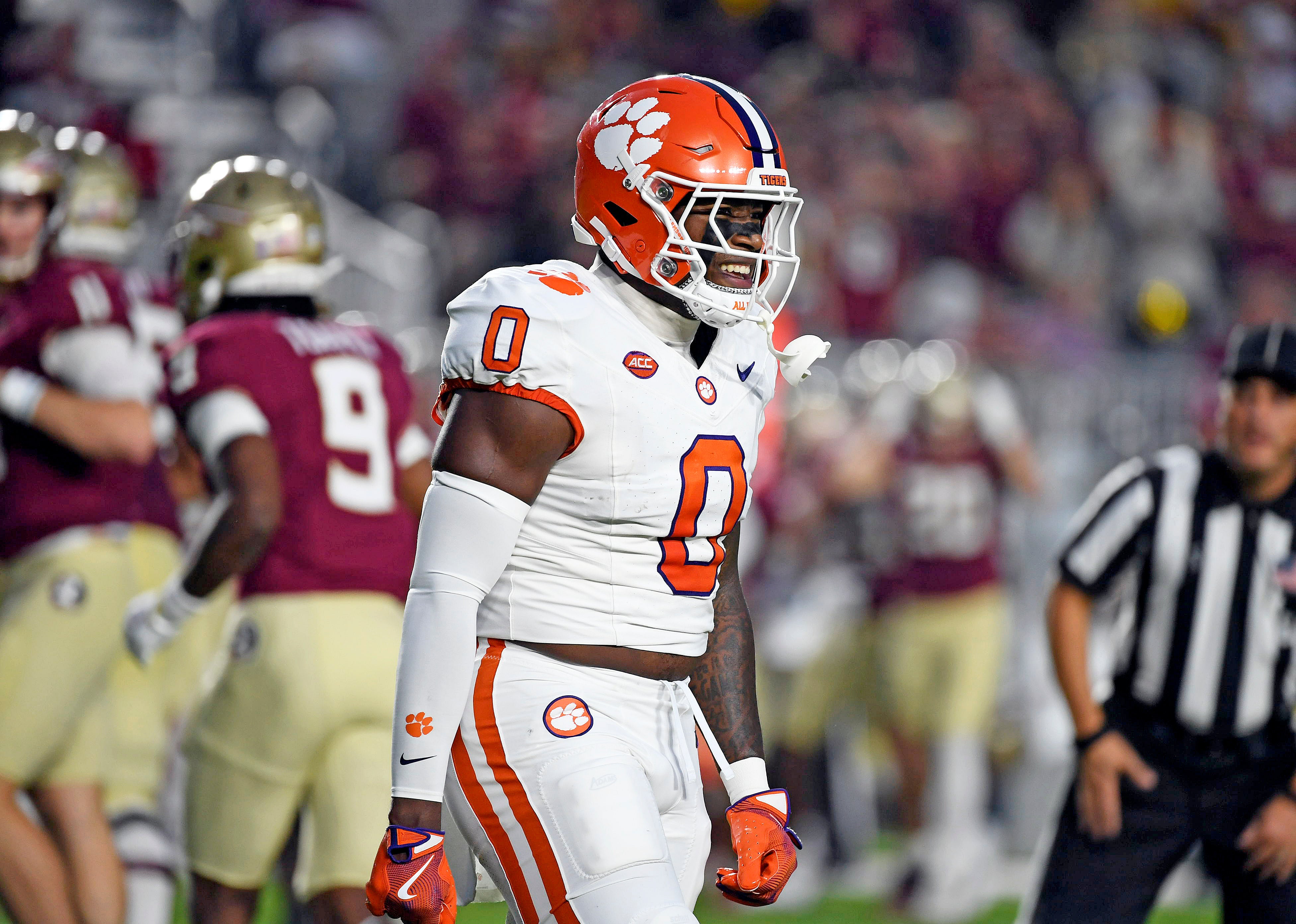 Oct 5, 2024; Tallahassee, Florida, USA; Clemson Tigers linebacker Barrett Carter (0) celebrates after a sack against the Florida State Seminoles during the first half at Doak S. Campbell Stadium.