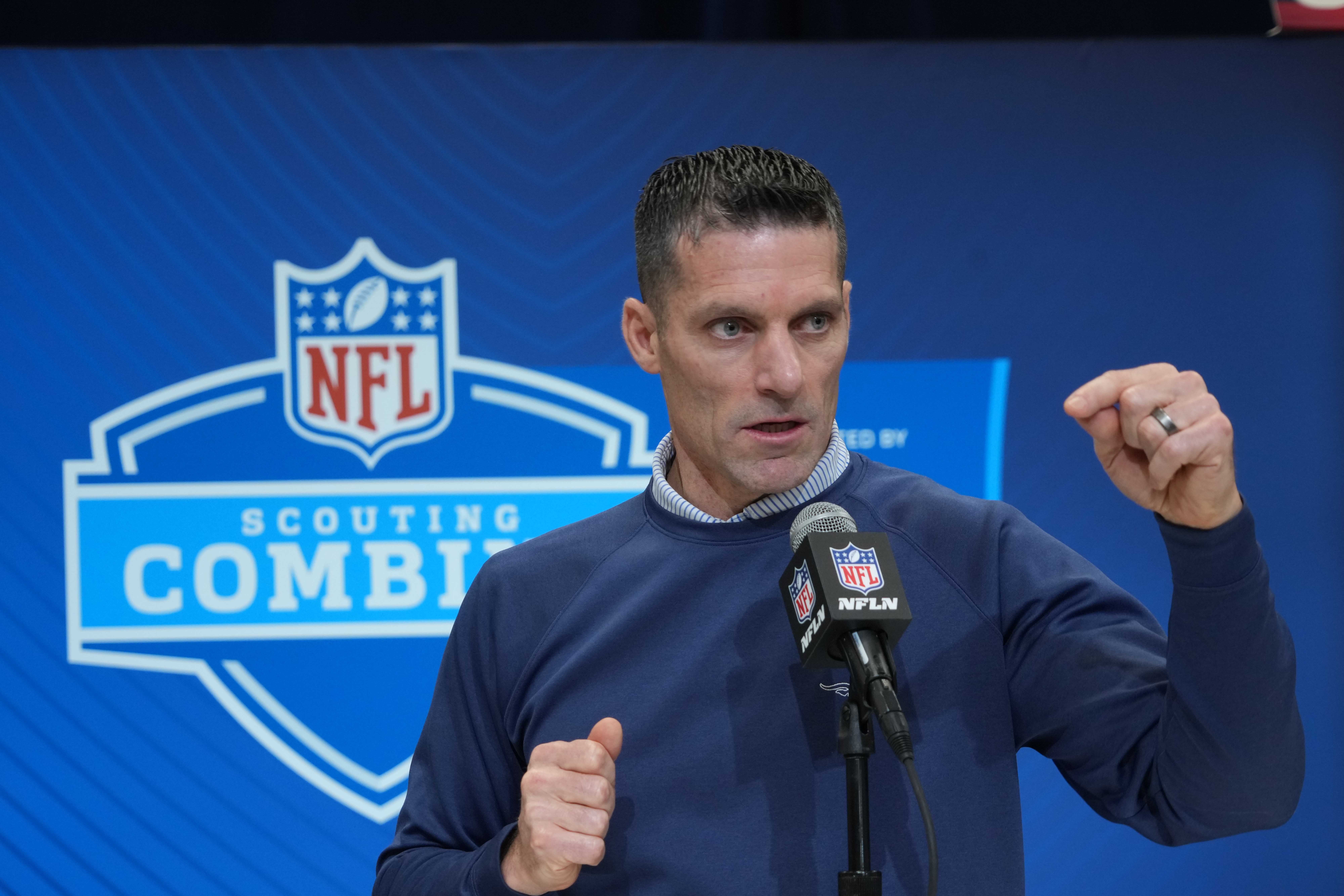 Feb 27, 2025; Indianapolis, IN, USA; Houston Texans general manager Nick Caserio speaks during the 2025 NFL Scouting Combine at the Indiana Convention Center.