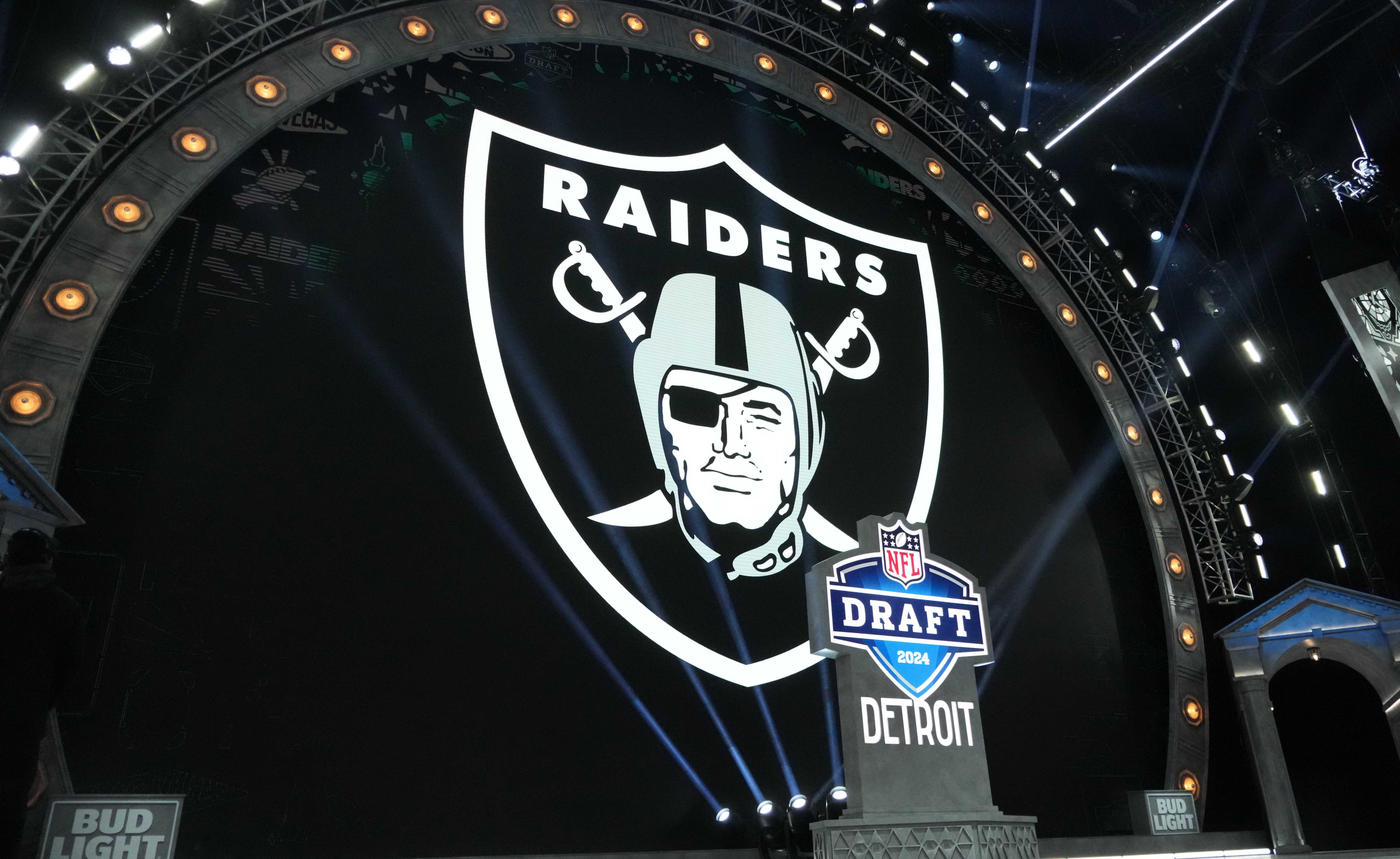 A Las Vegas Raiders logo at the 2024 NFL Draft at Campus Martius Park and Hart Plaza. Kirby Lee-Imagn Images