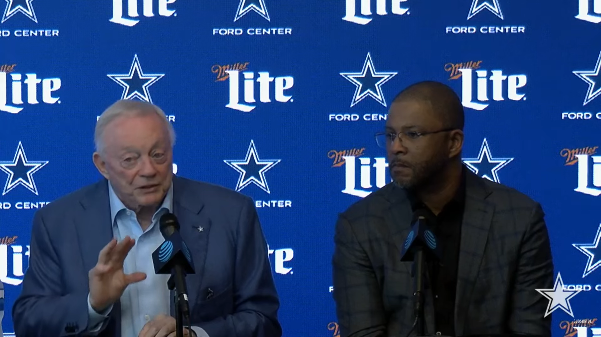 Dallas Cowboys VP of player personnel alongside team owner Jerry Jones ahead of 2025 NFL Draft.