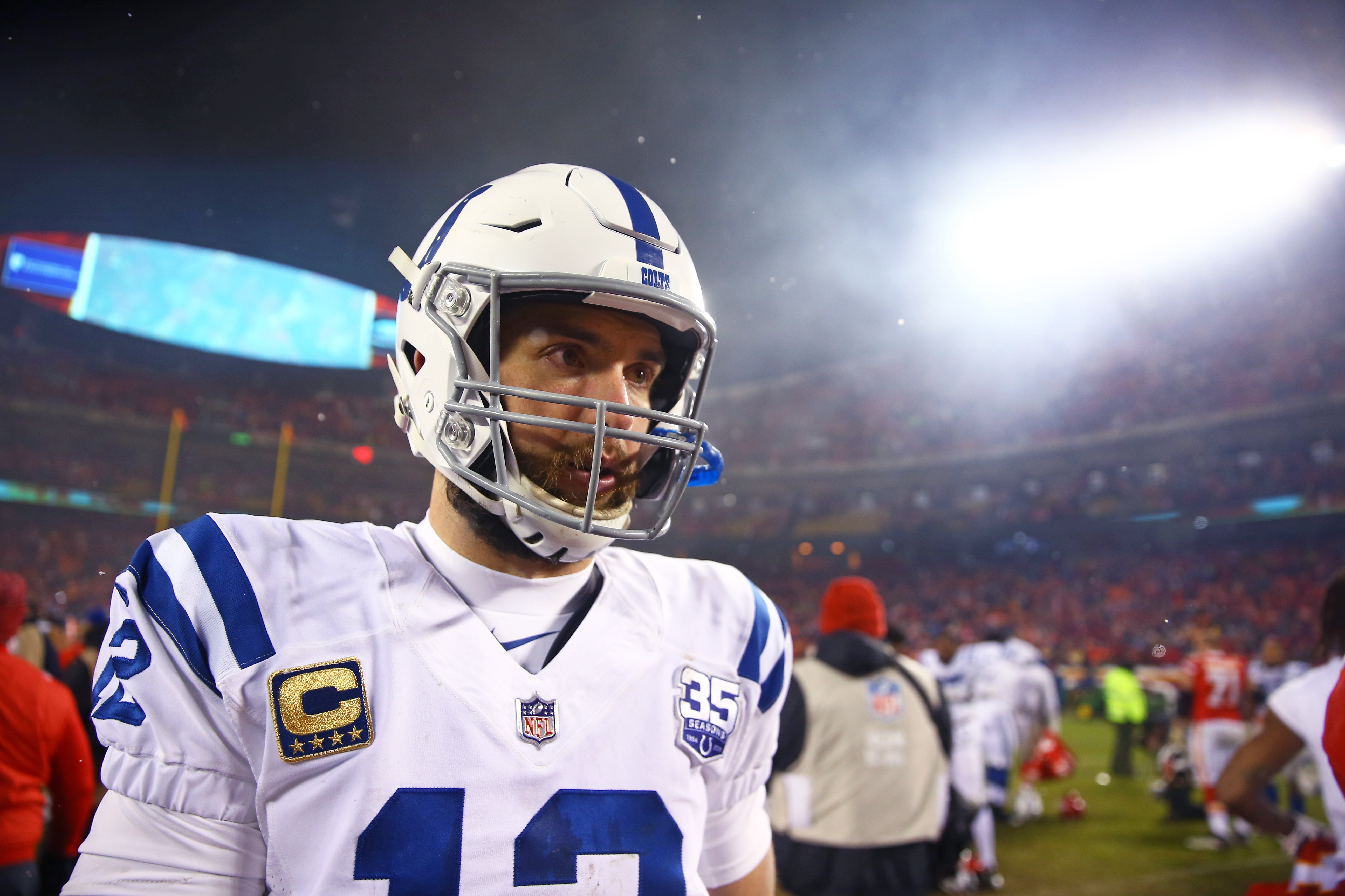 Jan 12, 2019; Kansas City, MO, USA; Indianapolis Colts quarterback Andrew Luck (12) following the game against the Kansas City Chiefs during the AFC Divisional playoff football game at Arrowhead Stadium.