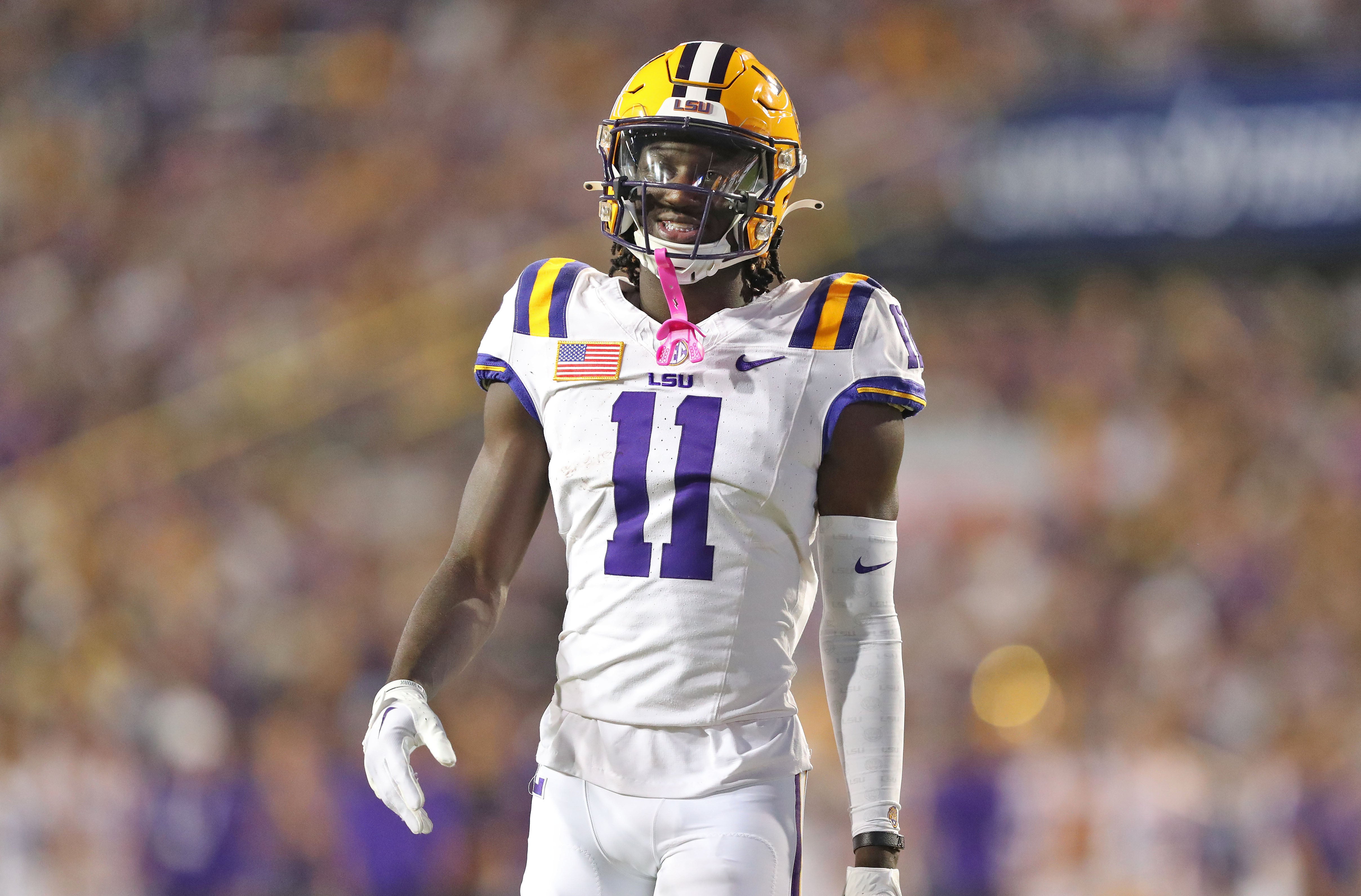 Oct 21, 2023; Baton Rouge, Louisiana, USA; LSU Tigers wide receiver Brian Thomas Jr. (11) smiles during the first half against the Army Black Knights at Tiger Stadium.