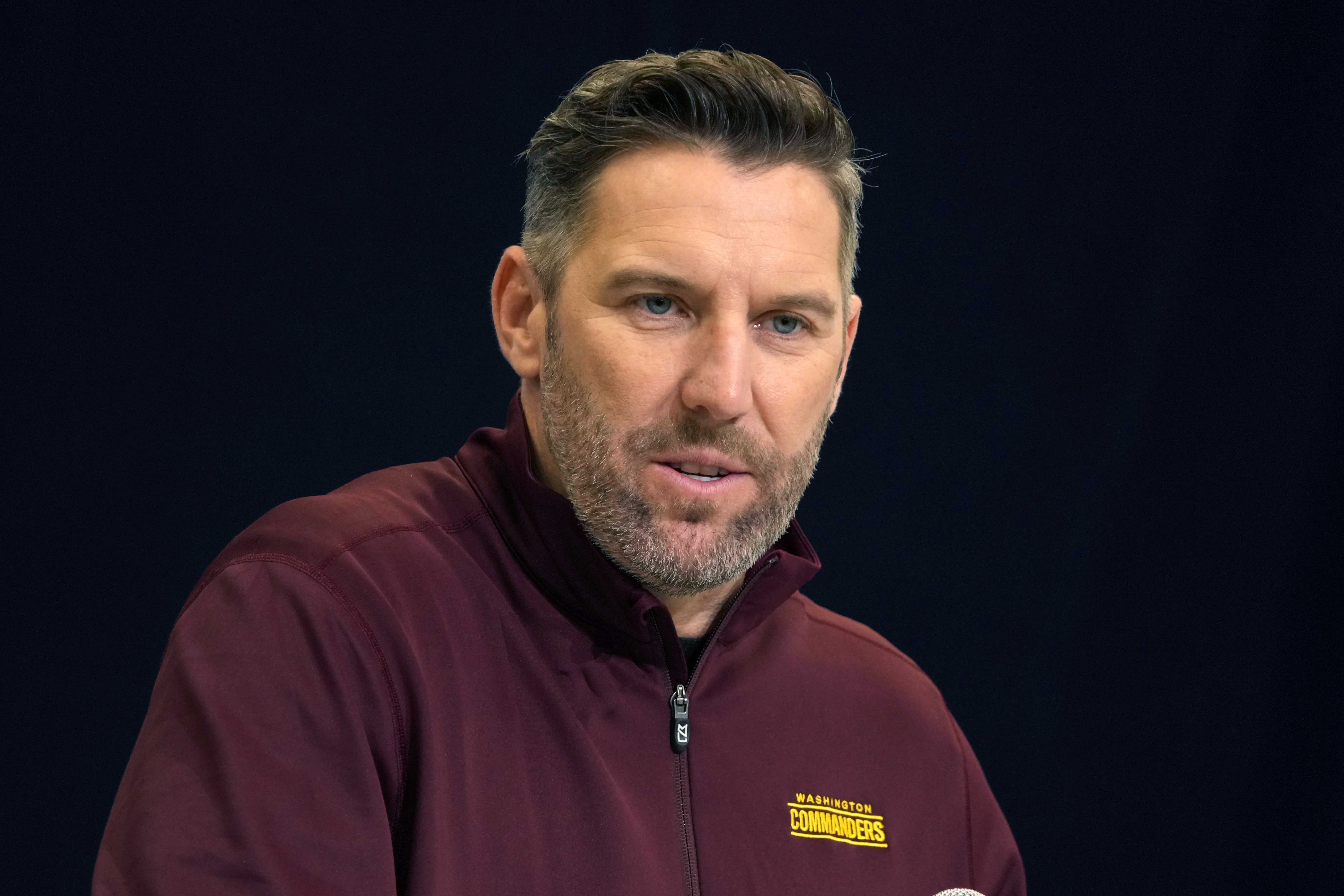 Feb 25, 2025; Indianapolis, IN, USA; Washington Commanders general manager Adam Peters speaks during the NFL Scouting Combine at the Indiana Convention Center.
