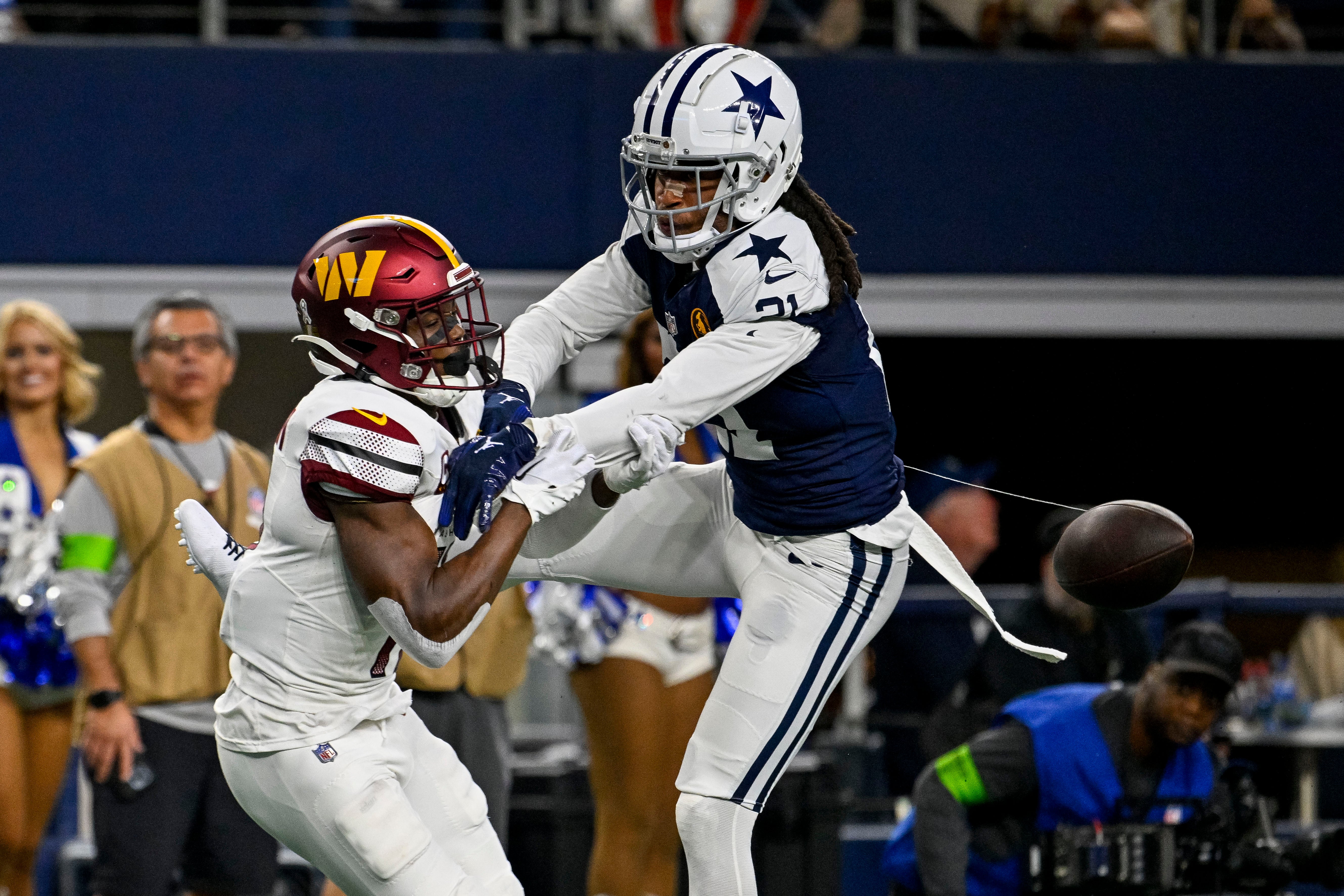Dallas Cowboys cornerback Stephon Gilmore (21) and Washington Commanders wide receiver Terry McLaurin (17) in action during the game between the Dallas Cowboys and the Washington Commanders at AT&T Stadium.