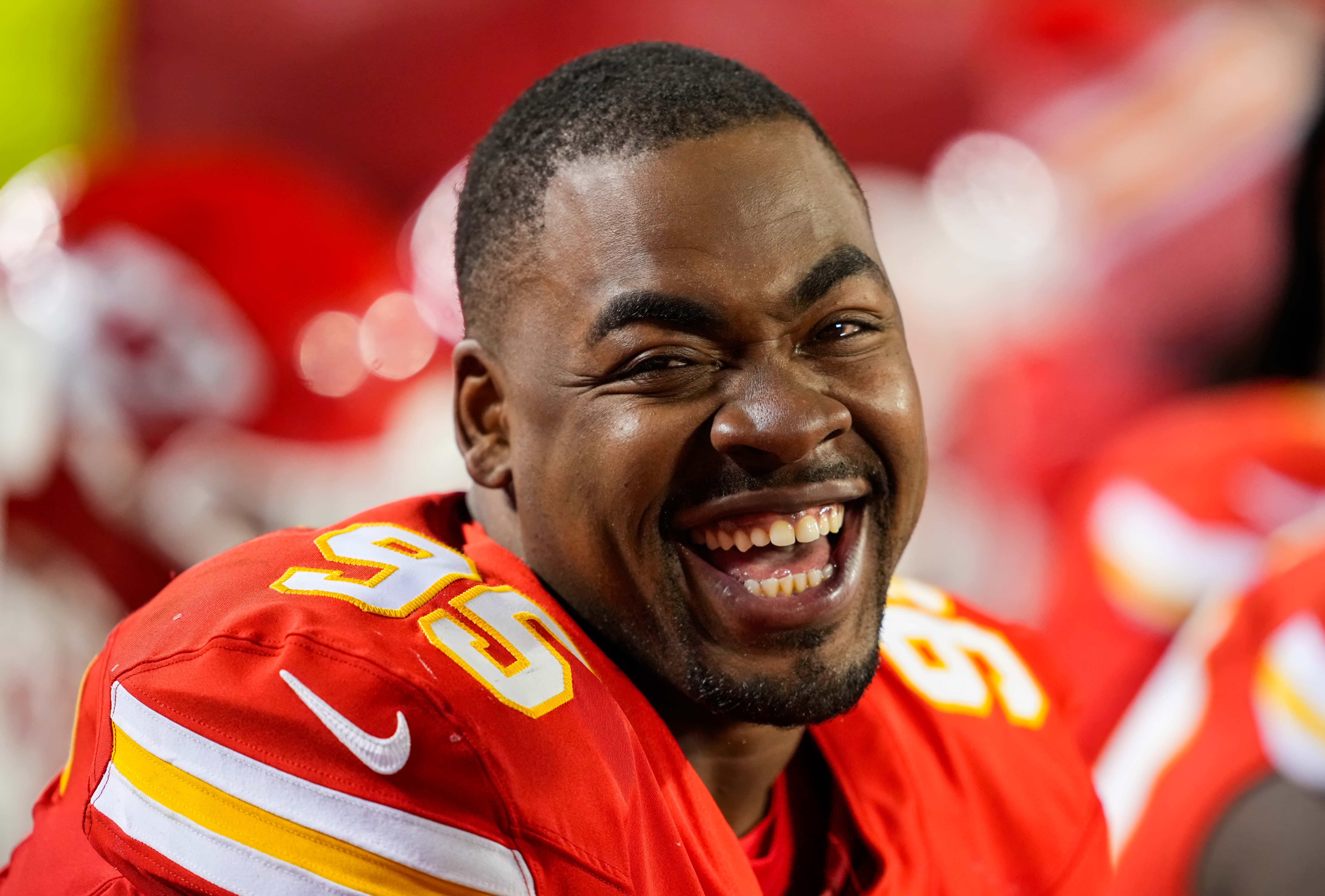 Dec 10, 2023; Kansas City, Missouri, USA; Kansas City Chiefs defensive tackle Chris Jones (95) reacts on the sideline during the second half against the Buffalo Bills at GEHA Field at Arrowhead Stadium.
