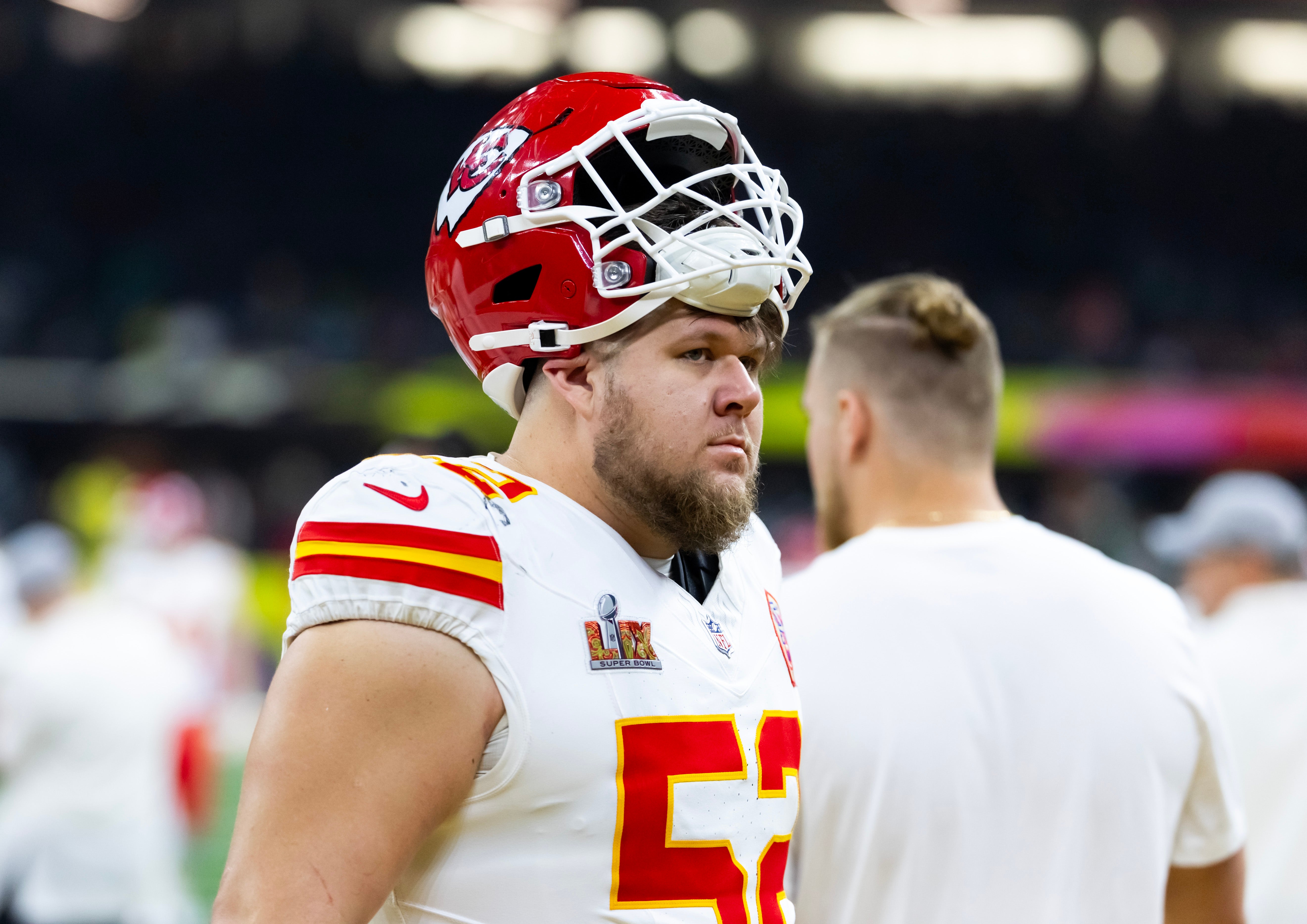 Feb 9, 2025; New Orleans, LA, USA; Kansas City Chiefs center Creed Humphrey (52) against the Philadelphia Eagles in Super Bowl LIX at Ceasars Superdome.