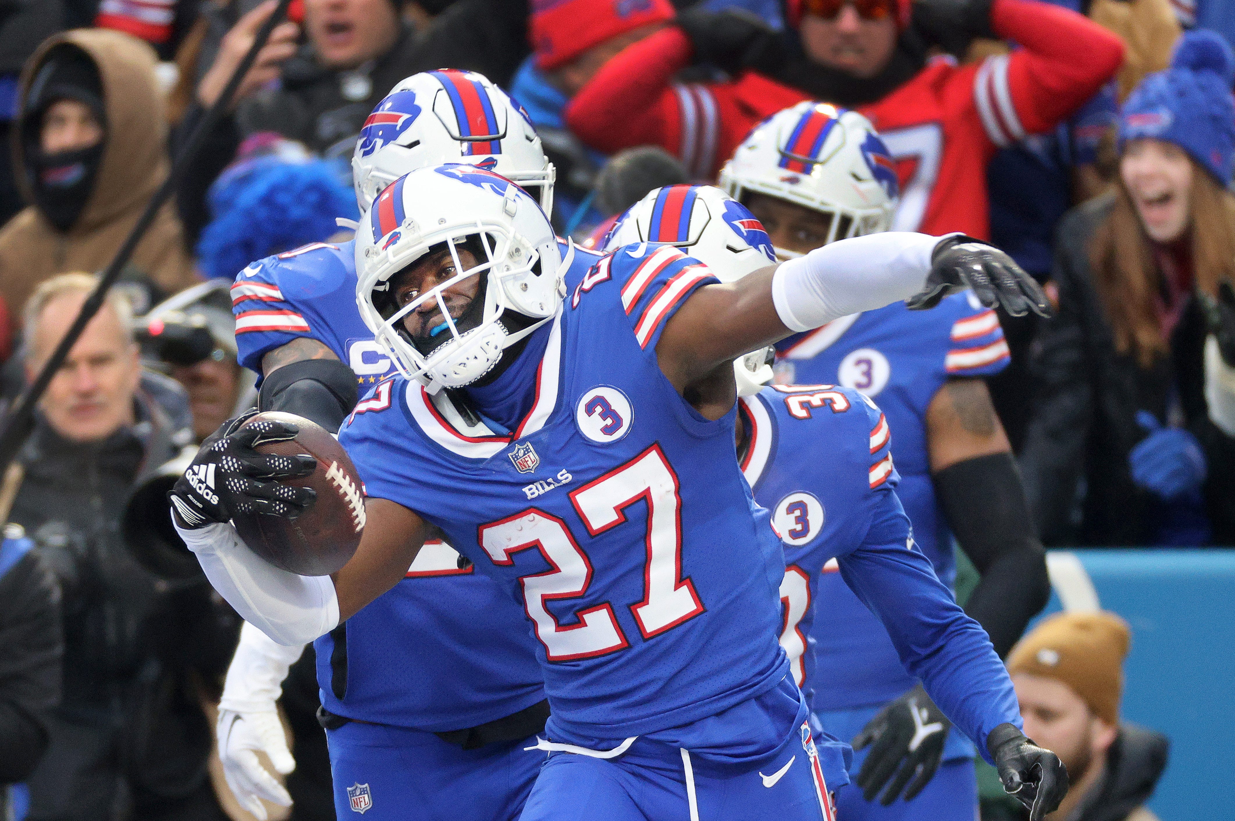 Bills cornerback Tre Davious White celebrates his interception win the end zone against the Patriots.