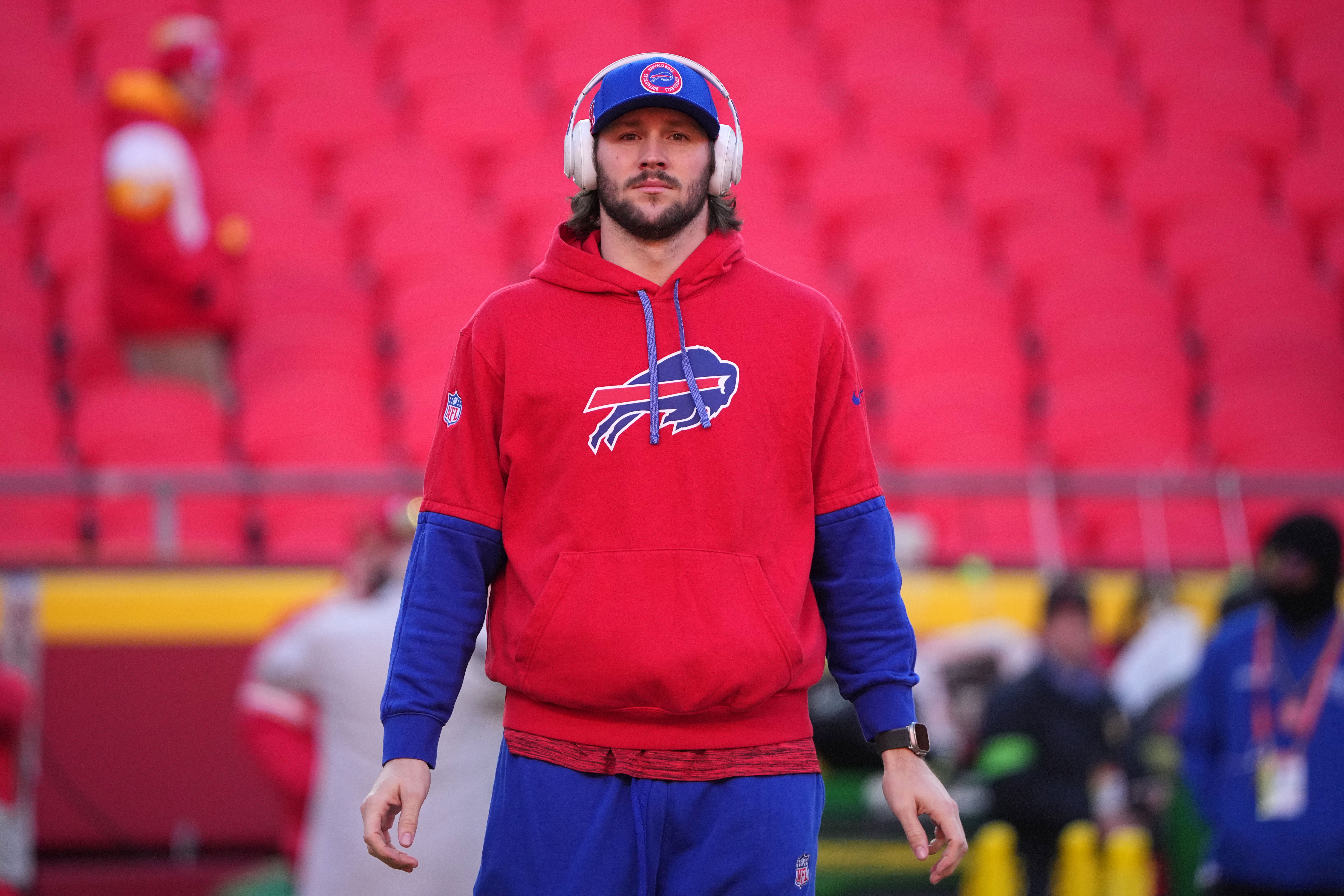 Jan 26, 2025; Kansas City, MO, USA; Buffalo Bills quarterback Josh Allen (17) practices before the AFC Championship game against the Kansas City Chiefs at GEHA Field at Arrowhead Stadium. 