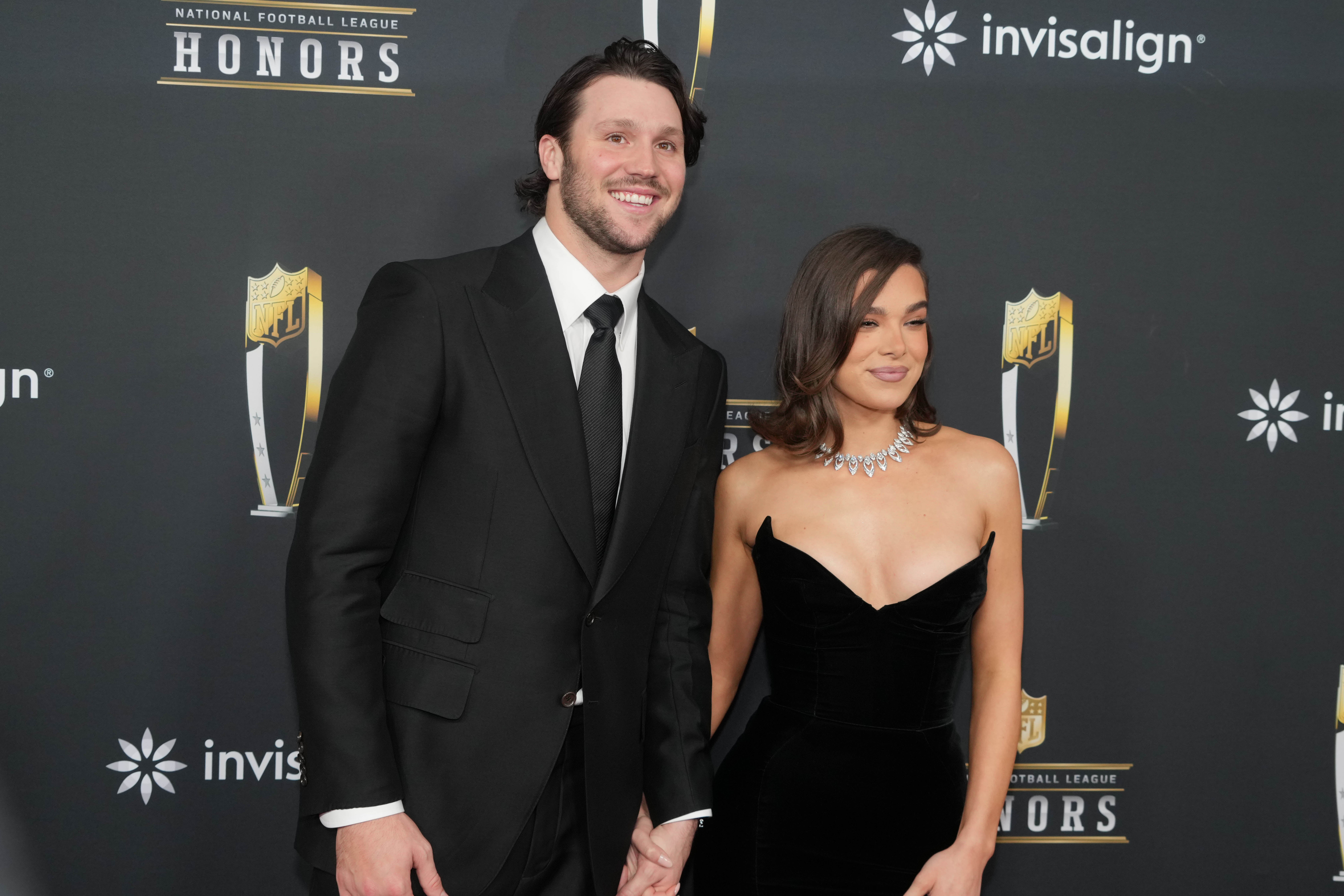 Feb 6, 2025; New Orleans, LA, USA; Josh Allen and Hailee Steinfeld on the red carpet before Super Bowl LIX NFL Honors at Saenger Theatre. 