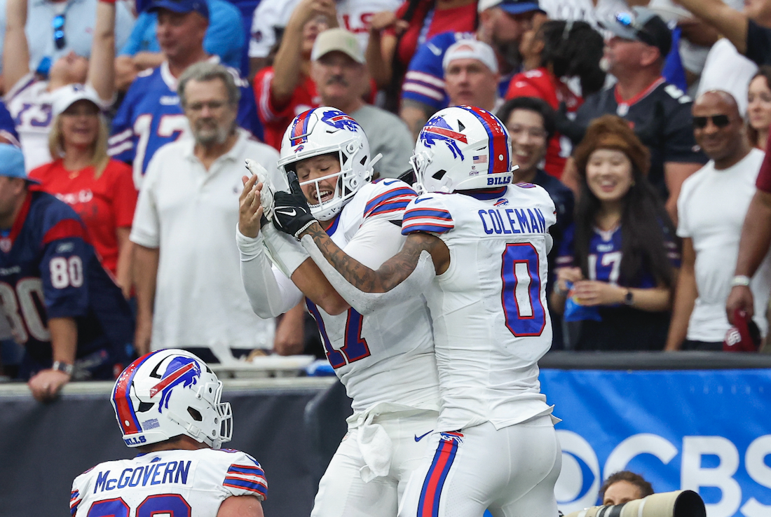 Oct 6, 2024; Houston, Texas, USA; Buffalo Bills quarterback Josh Allen (17) celebrates with wide receiver Keon Coleman (0) after a touchdown during the third quarter against the Houston Texans at NRG Stadium.