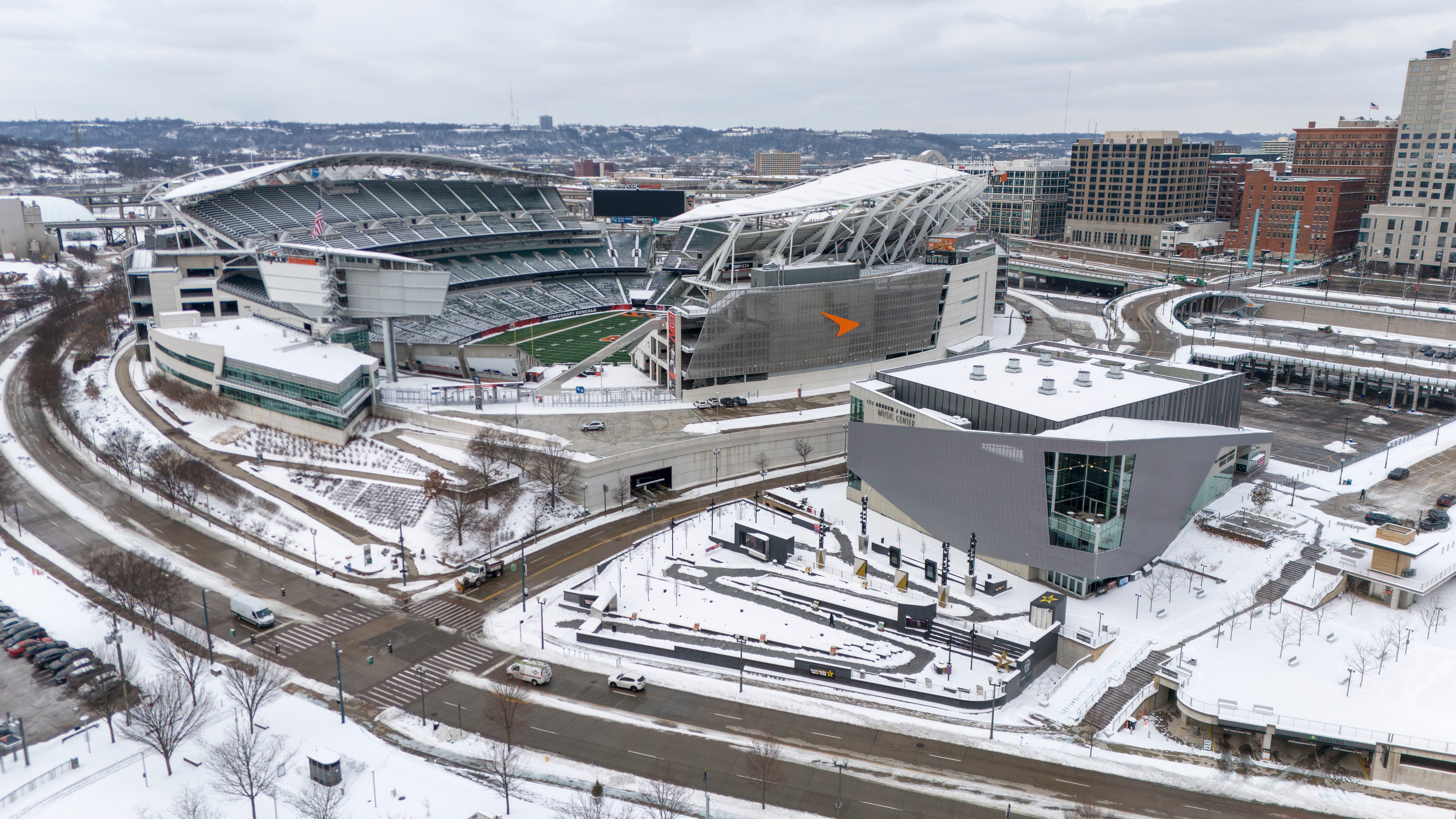 Paycor Stadium, the Cincinnati Black Music Walk of Fame, and the The Andrew J Brady Music Center in Downtown Cincinnati on Wednesday, Jan. 8, 2025.