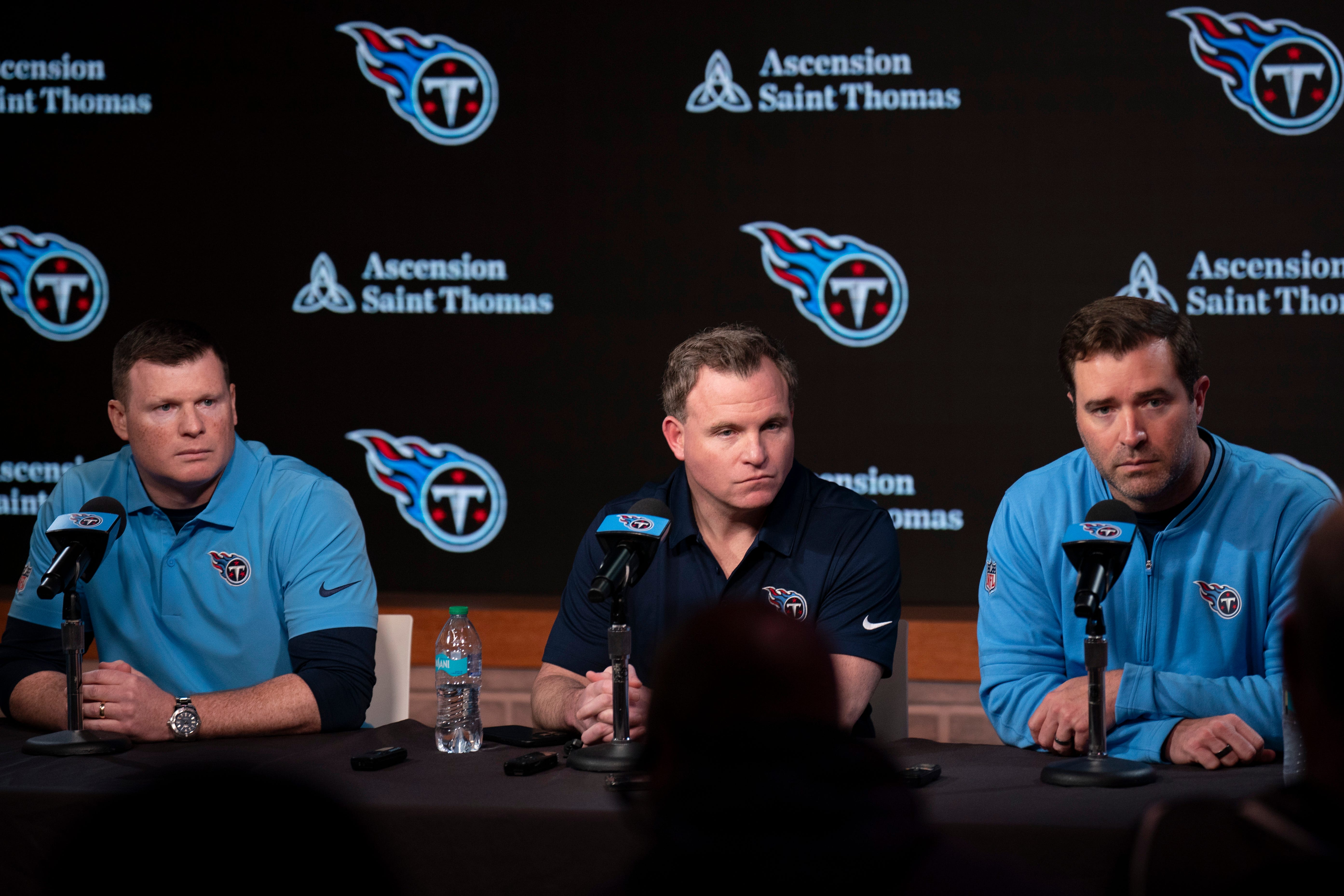 Tennessee Titans management, from left, Chad Brinker, president of football operations, Mike Borgonzi, general manager, and Brian Callahan, head coach, field questions from the media at Ascension Sain... Denny Simmons / The Tennessean-USA TODAY NETWORK via Imagn Images