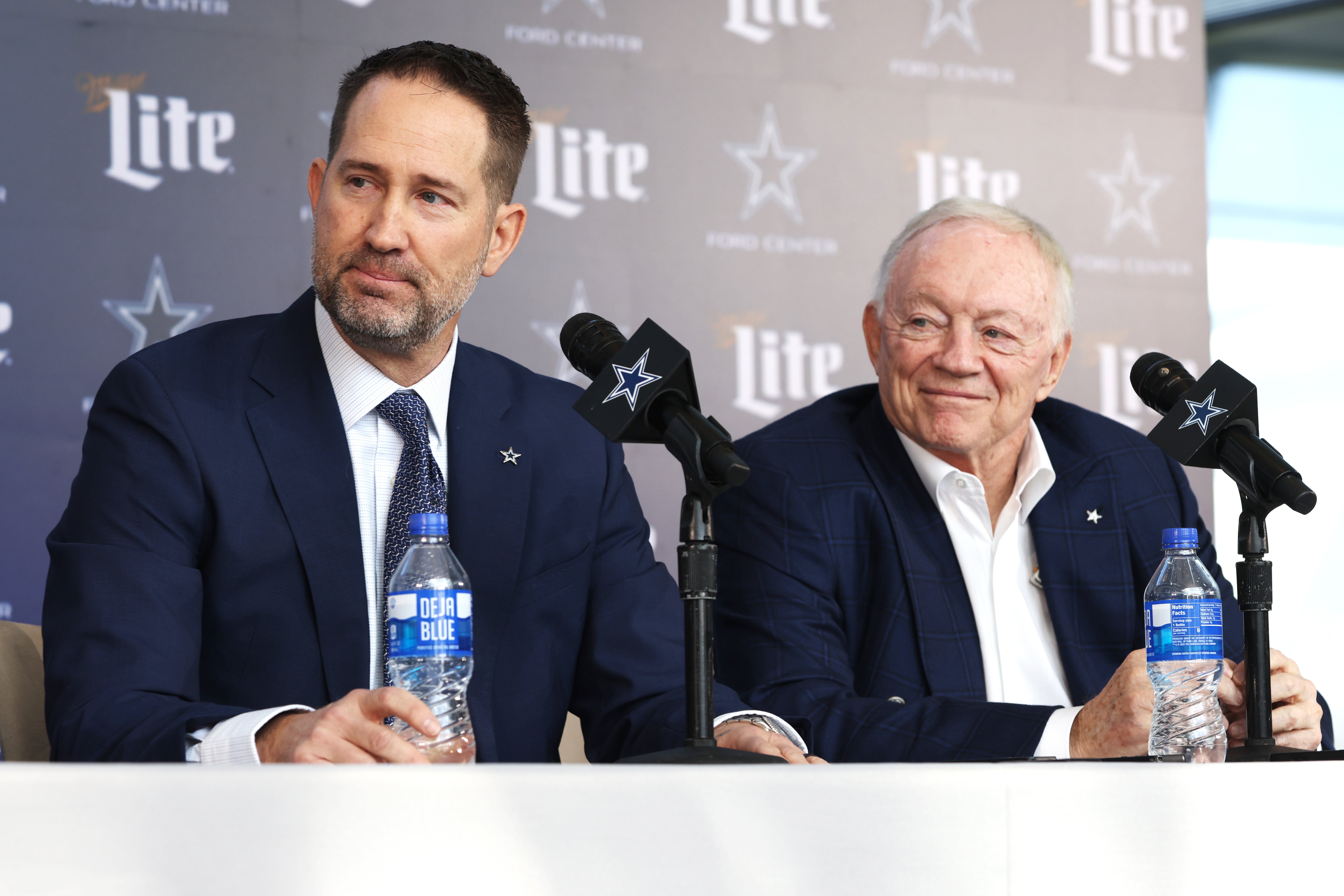 Dallas Cowboys Head Coach Brian Schottenheimer and owner Jerry Jones speak to the media at a press conference at the Star. Tim Heitman-Imagn Images
