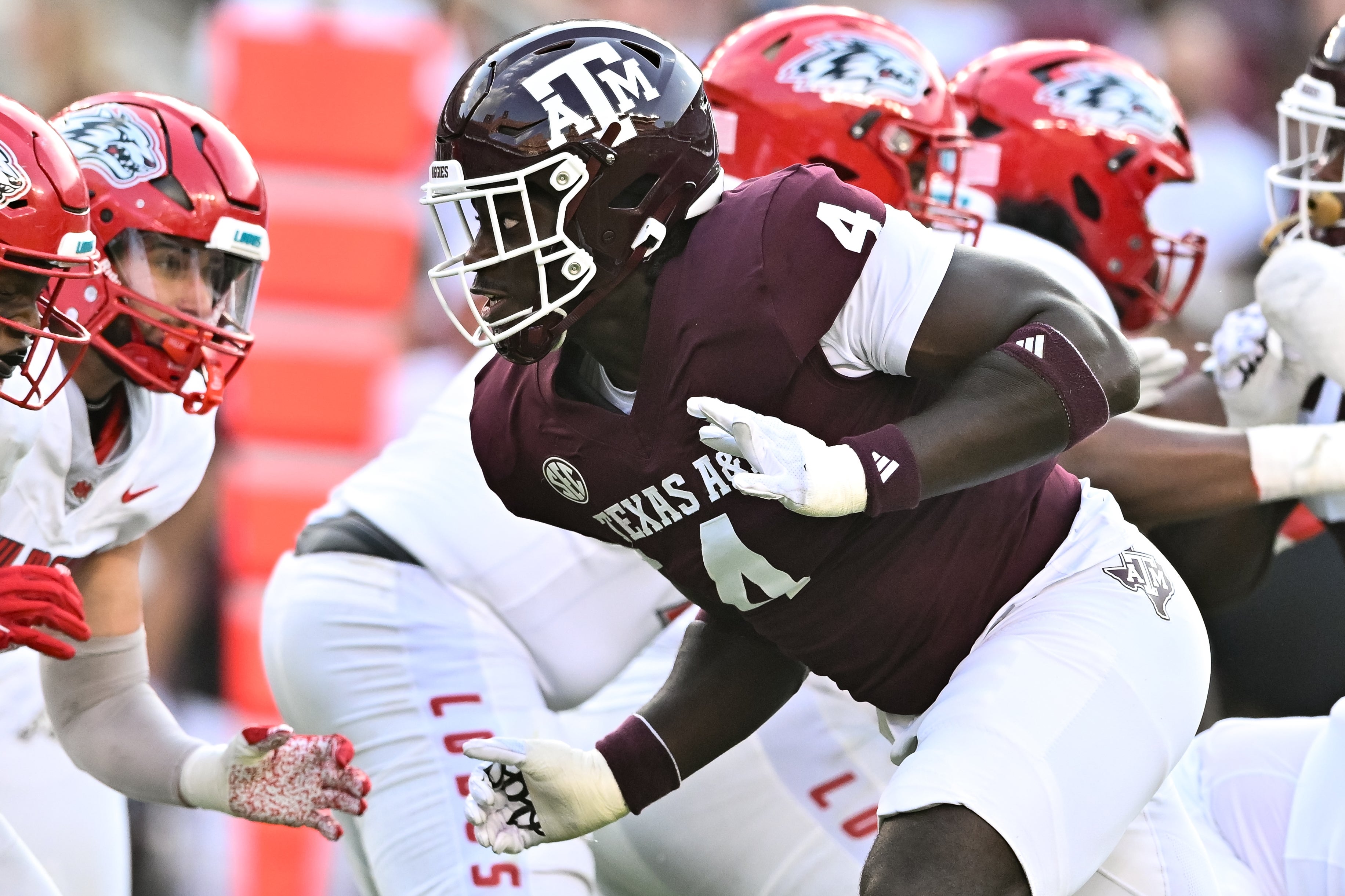 Sep 2, 2023; College Station, Texas, USA; Texas A&M Aggies defensive lineman Shemar Stewart (4) in action during the first half against the New Mexico Lobos at Kyle Field.