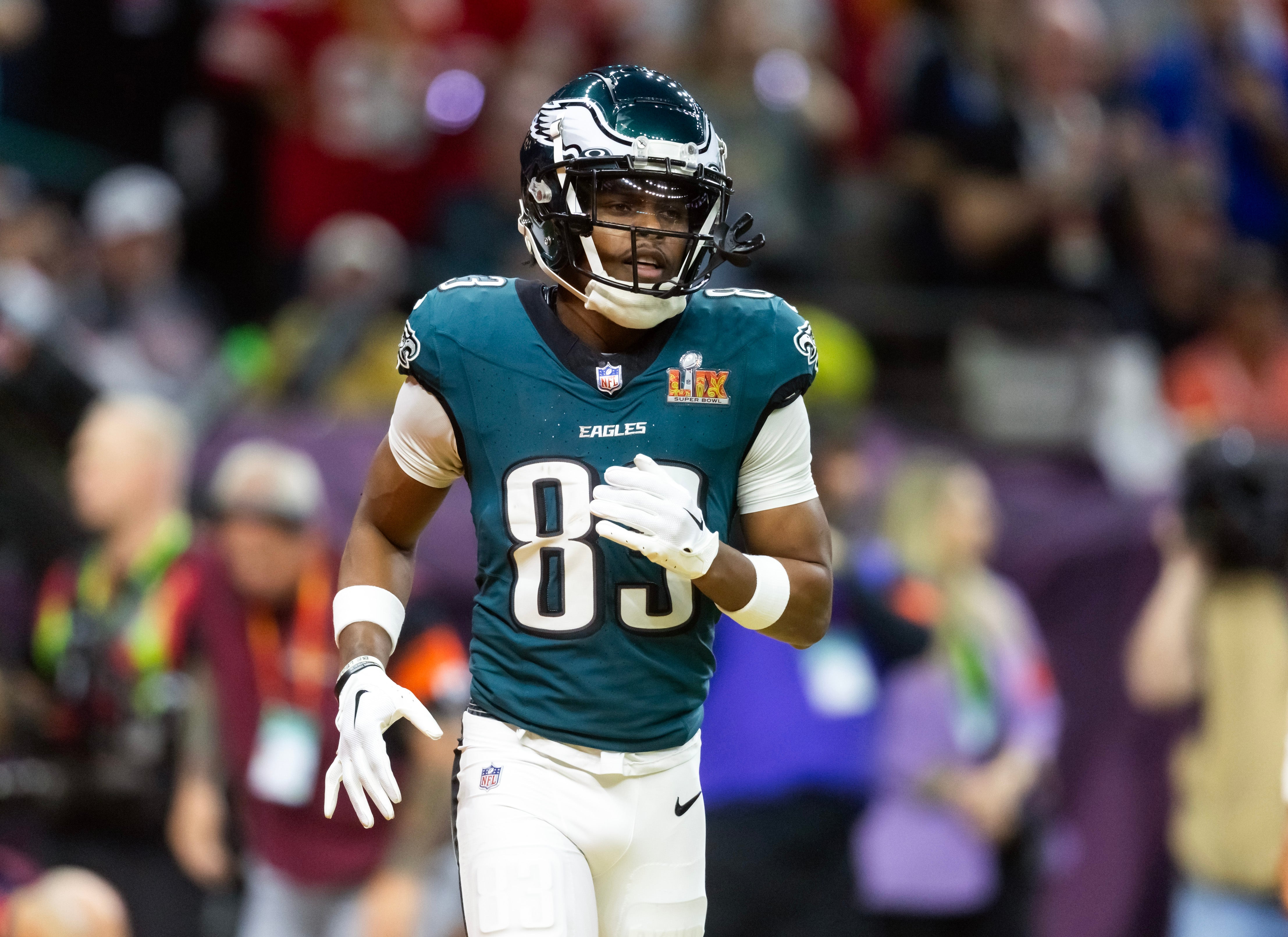 Philadelphia Eagles wide receiver Jahan Dotson (83) against the Kansas City Chiefs during Super Bowl LIX at Ceasars Superdome.