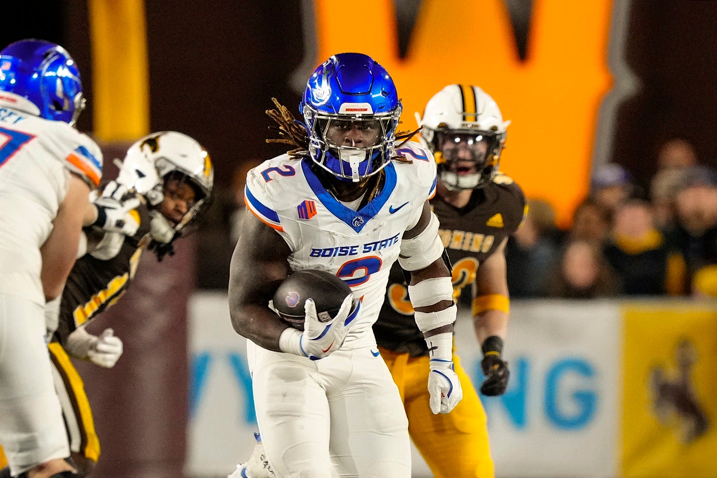 Nov 23, 2024; Laramie, Wyoming, USA; Boise State Broncos running back Ashton Jeanty (2) runs for a touchdown against the Wyoming Cowboys during the first quarter at Jonah Field at War Memorial Stadium.