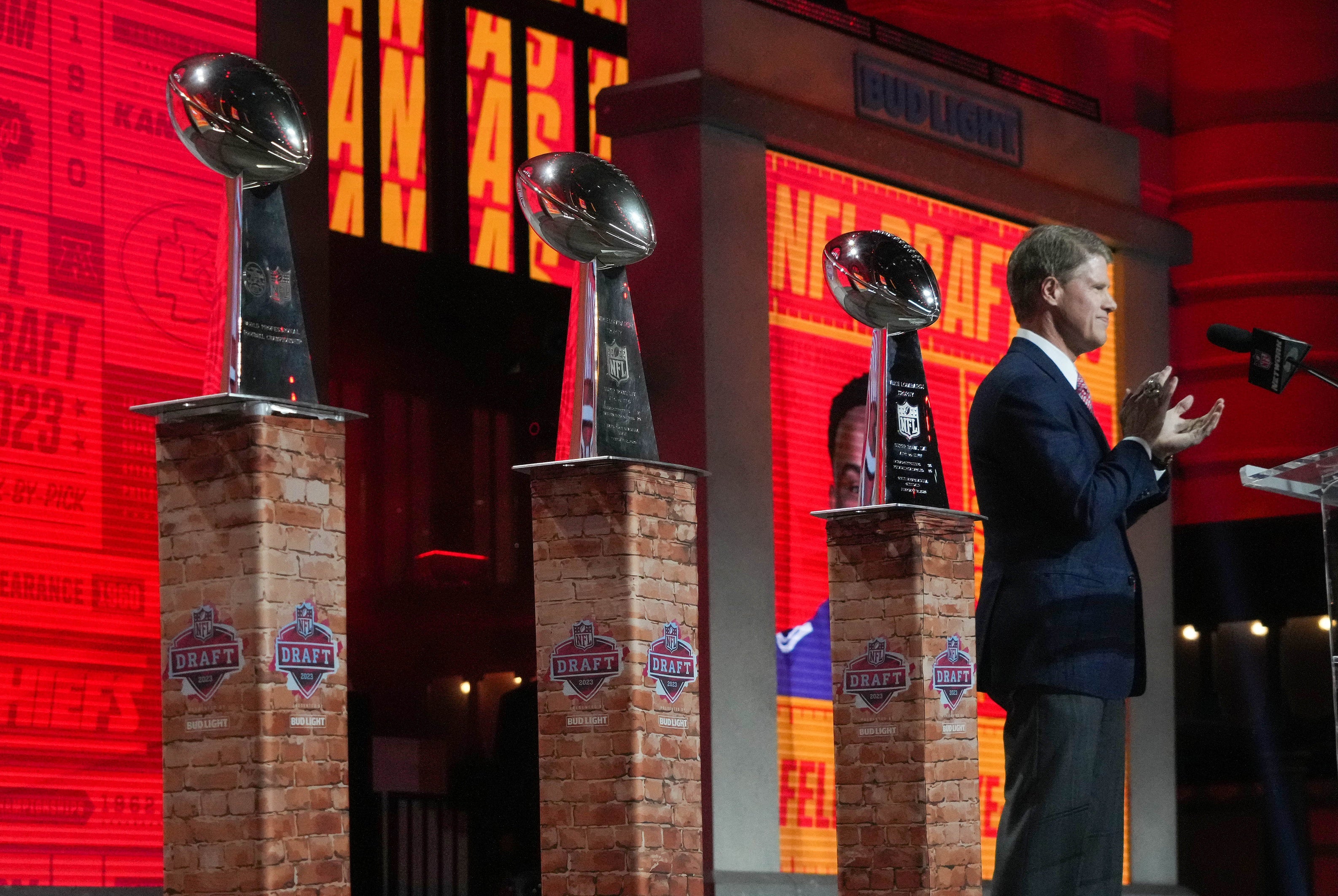 Apr 27, 2023; Kansas City, MO, USA; Kansas City Chiefs owner Clark Hunt announces the Chiefs thirty first overall pick in the first round of the 2023 NFL Draft at Union Station.