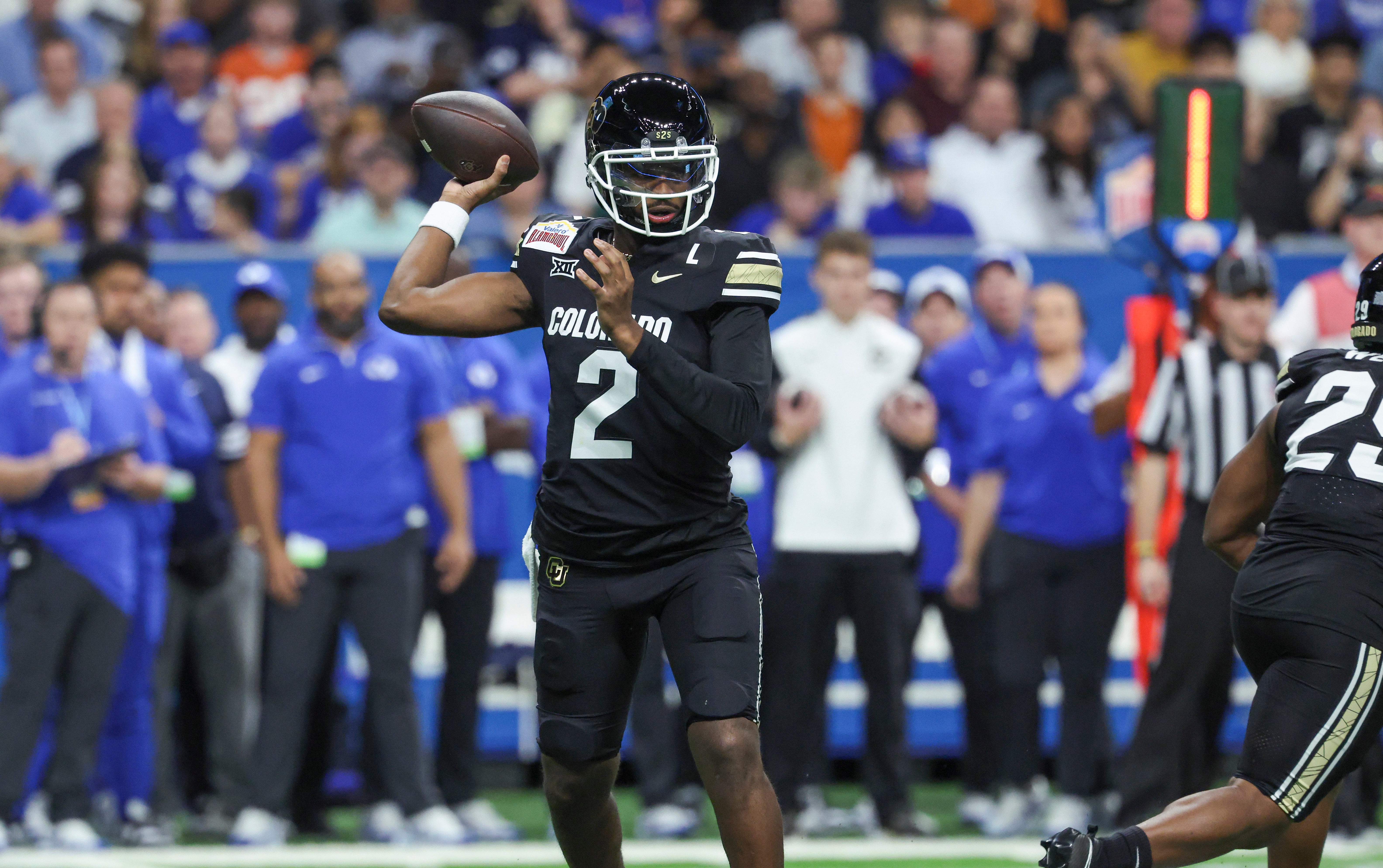Dec 28, 2024; San Antonio, TX, USA; Colorado Buffaloes quarterback Shedeur Sanders (2) attempts a pass during the first quarter against the Brigham Young Cougars at Alamodome.