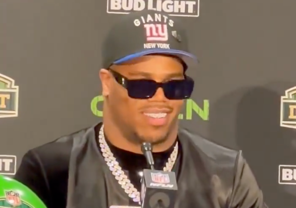 Penn State Nittany Lions defensive end Abdul Carter speaks to reporters after going No. 3 overall to the New York Giants in the 2025 NFL Draft.