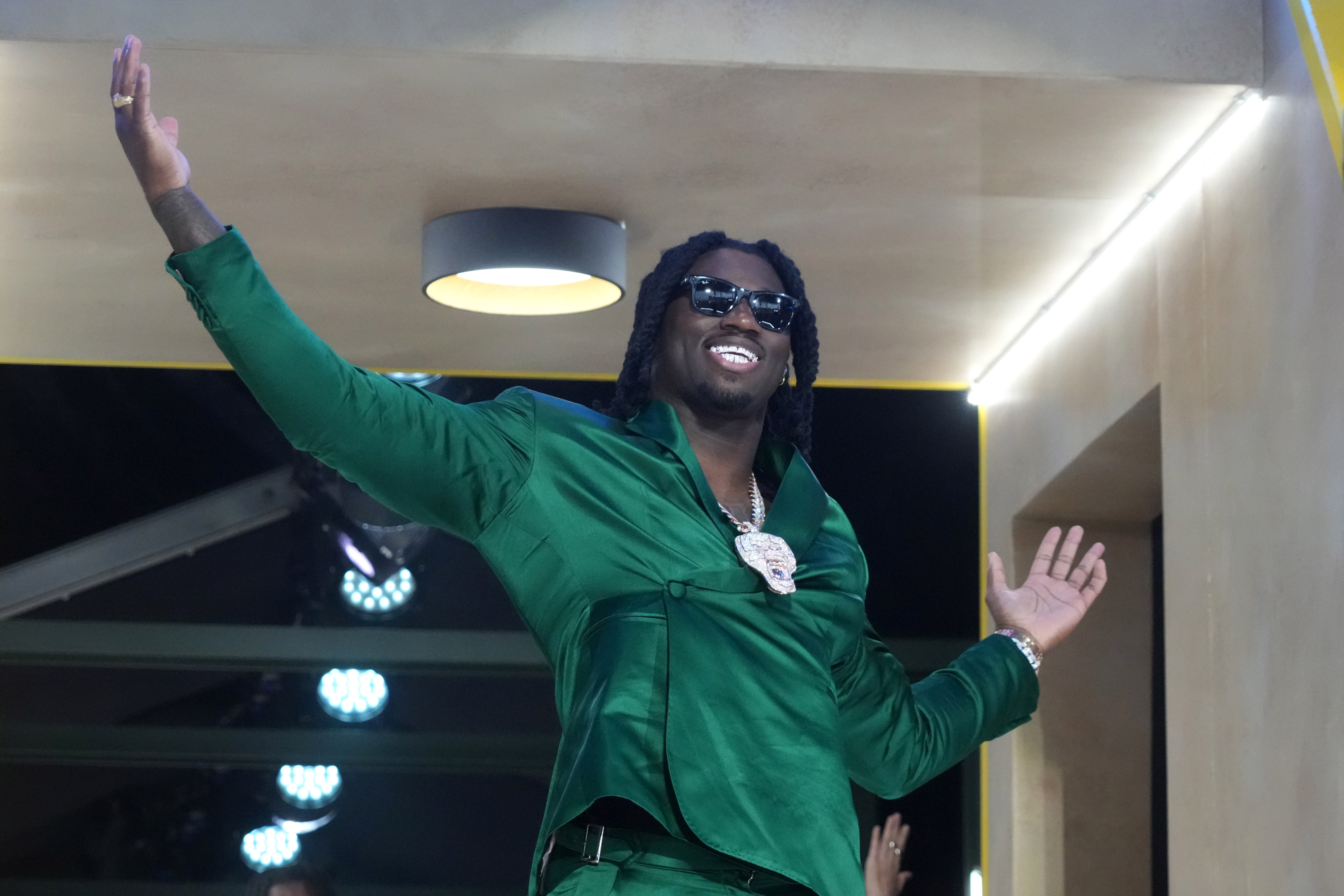 Apr 24, 2025; Green Bay, WI, USA; Texas A&M Aggies defensive end Shemar Stewart is introduced before the first round of the 2025 NFL Draft at Lambeau Field.