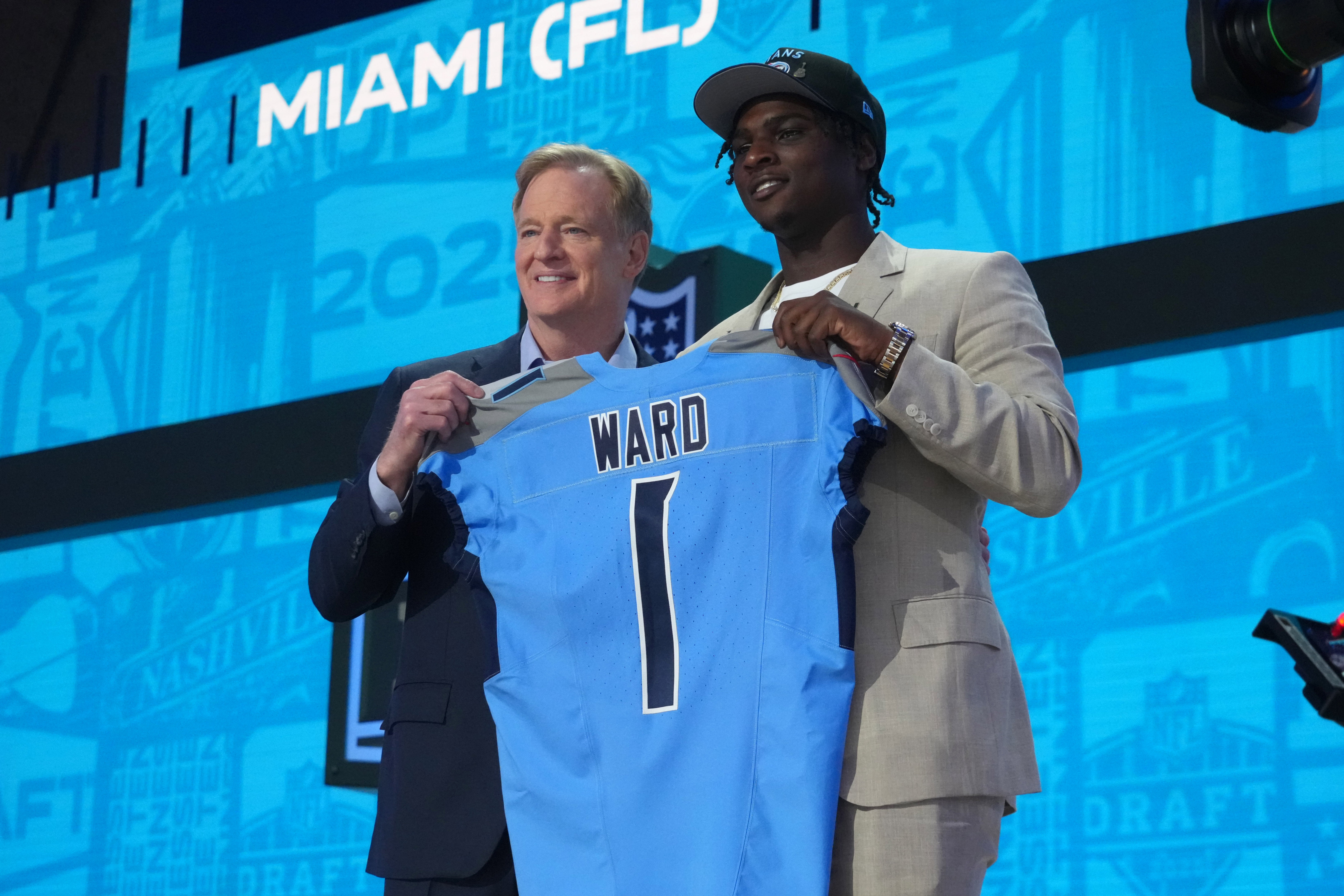 NFL commissioner Roger Goodell stands with Miami Hurricanes quarterback Cameron Ward after he is selected by the Tennessee Titans as the number one pick in the first round of the 2025 NFL Draft at La... Kirby Lee-Imagn Images