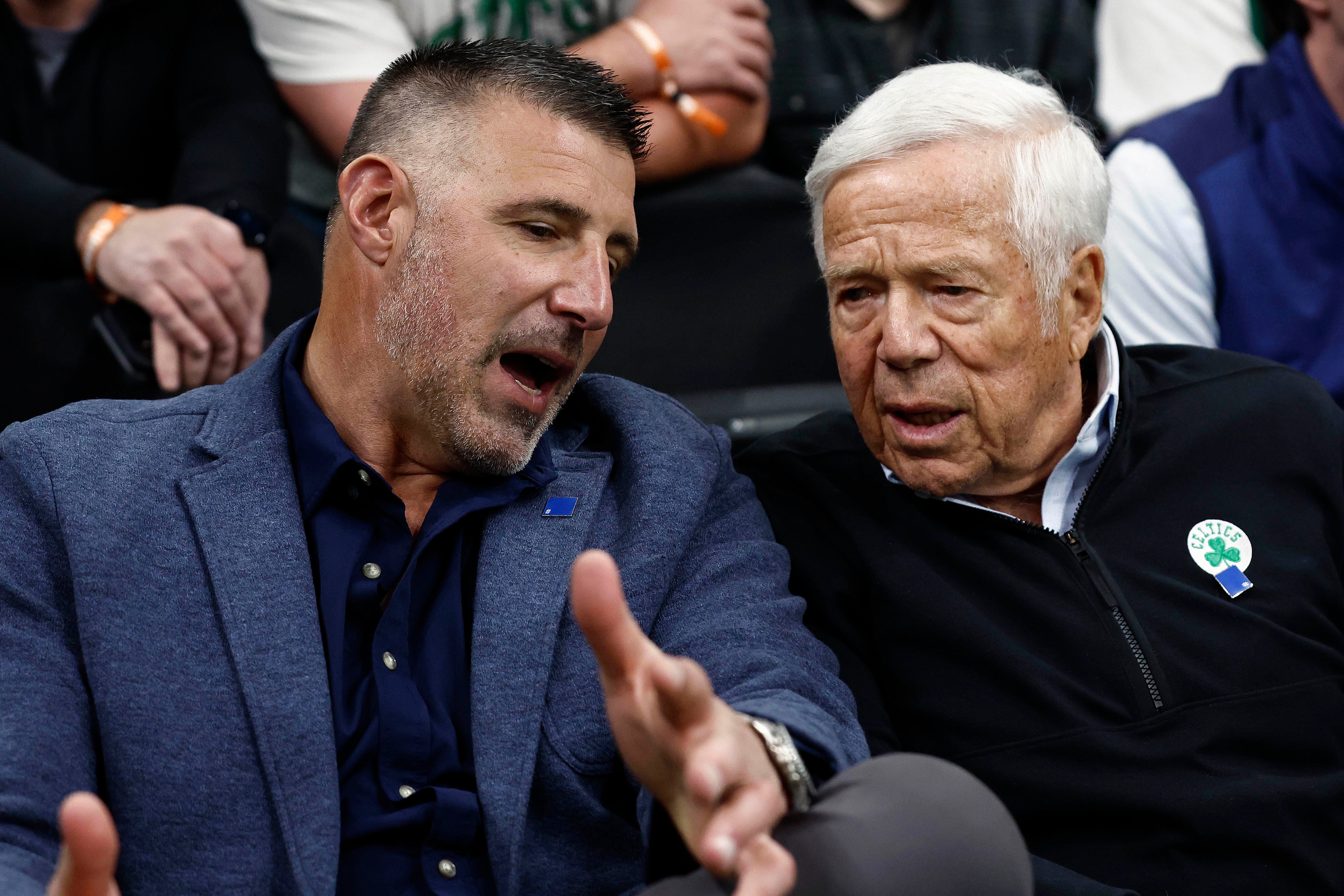 Apr 23, 2025; Boston, Massachusetts, USA; New England Patriots head coach Mike Vrabel, left, talks with Patriots owner Robert Kraft courtside during the second half of game two of the first round of the 2024 NBA Playoffs between the Boston Celtics and the Orlando Magic at TD Garden.