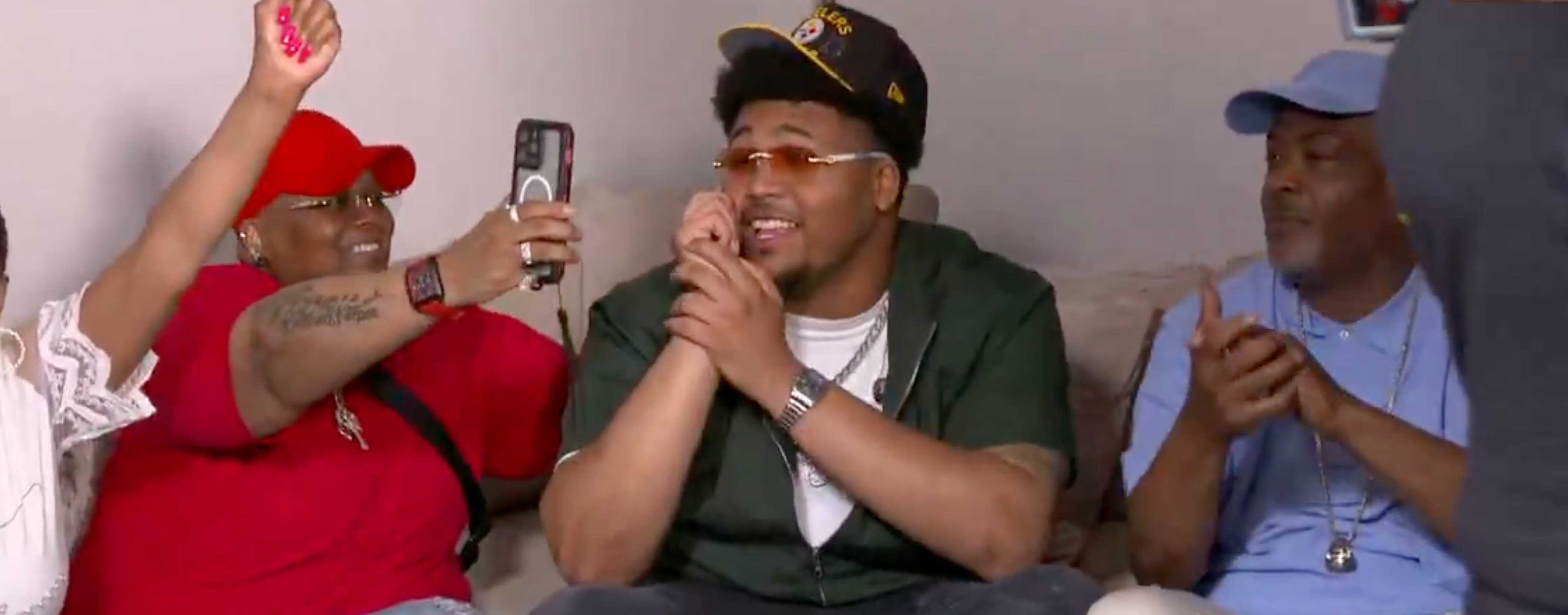 Pittsburgh Steelers first-round pick Derrick Harmon celebrates being drafted, 4/24/2025.