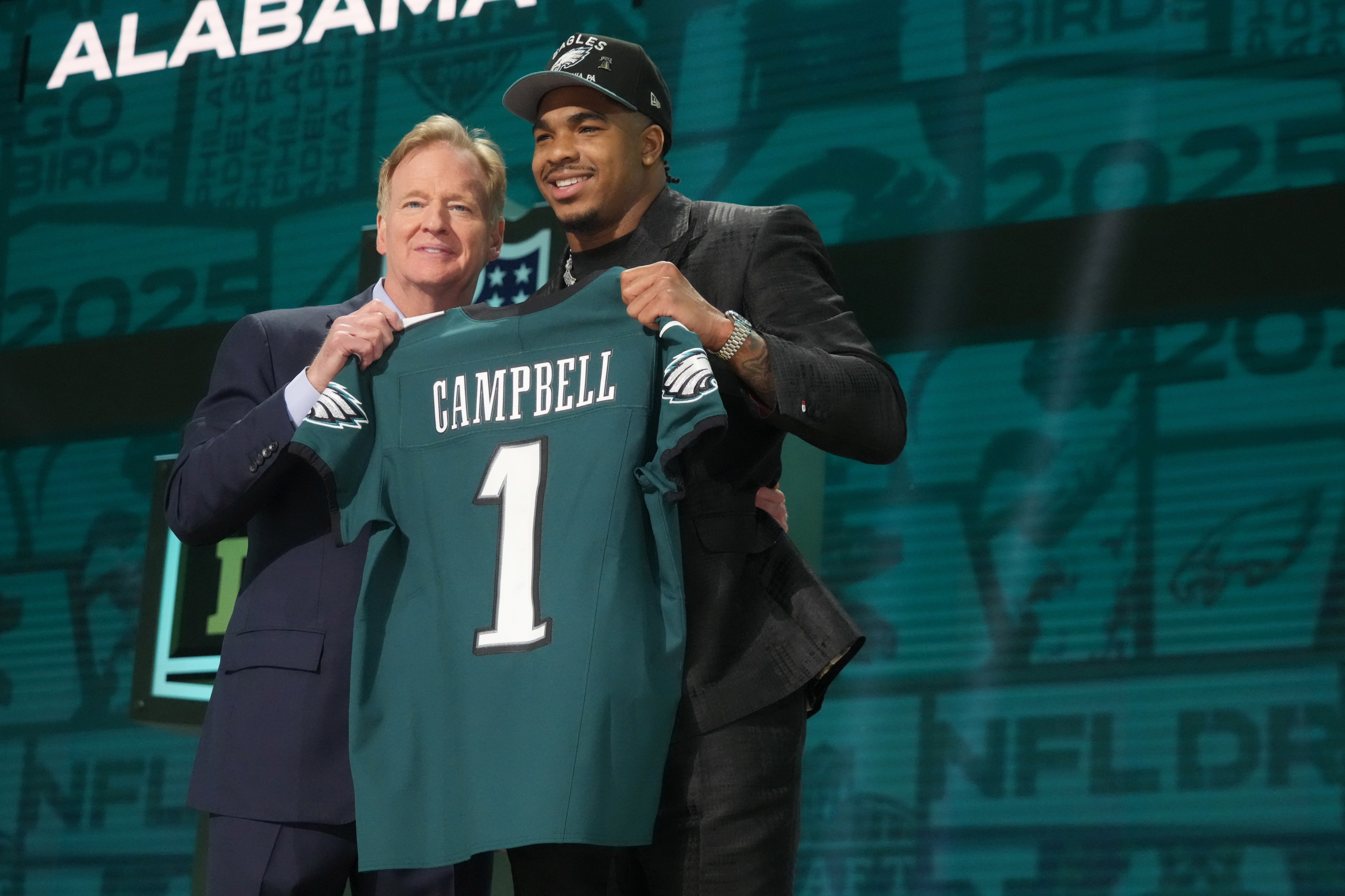NFL commissioner Roger Goodell with Alabama Crimson Tide linebacker Jihaad Campbell after he is selected by the Philadelphia Eagles as the number 31 pick in the first round of the 2025 NFL Draft.