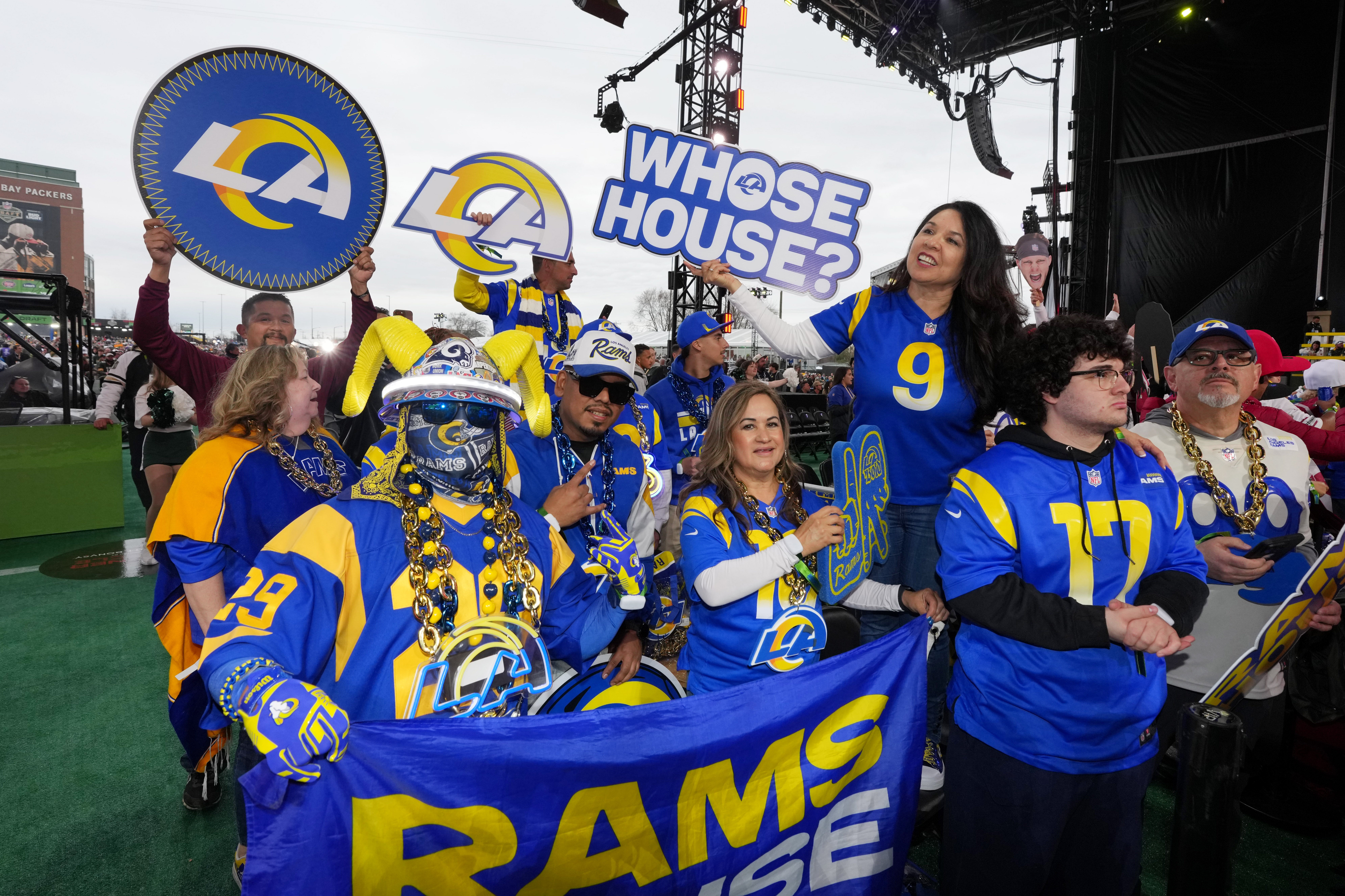 Apr 24, 2025; Green Bay, WI, USA; Los Angeles Rams fans cheer before the first round of the 2025 NFL Draft at Lambeau Field.