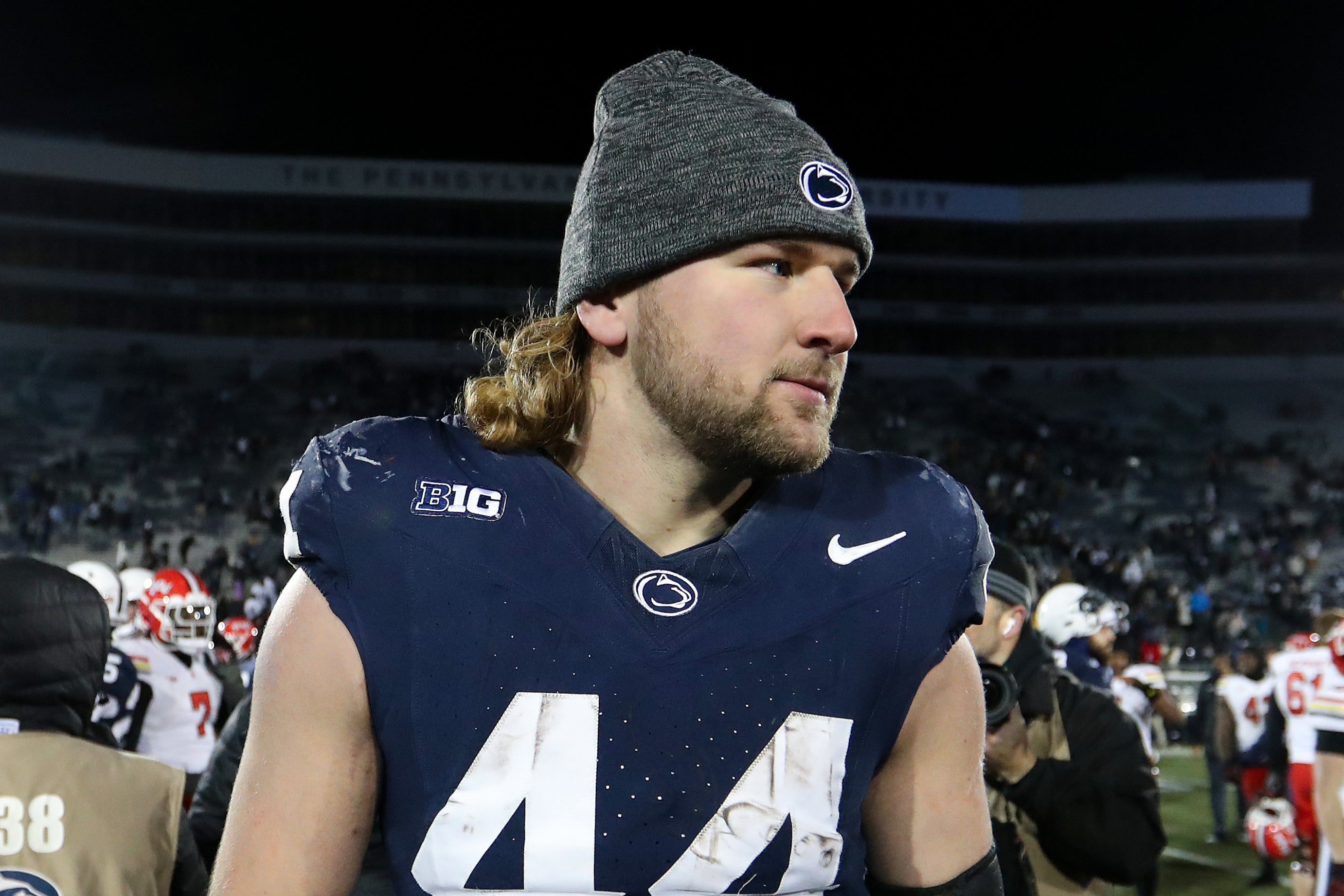 Nov 30, 2024; University Park, Pennsylvania, USA; Penn State Nittany Lions tight end Tyler Warren (44) stands on the field following a game against the Maryland Terrapins at Beaver Stadium. Penn State won 44-7.