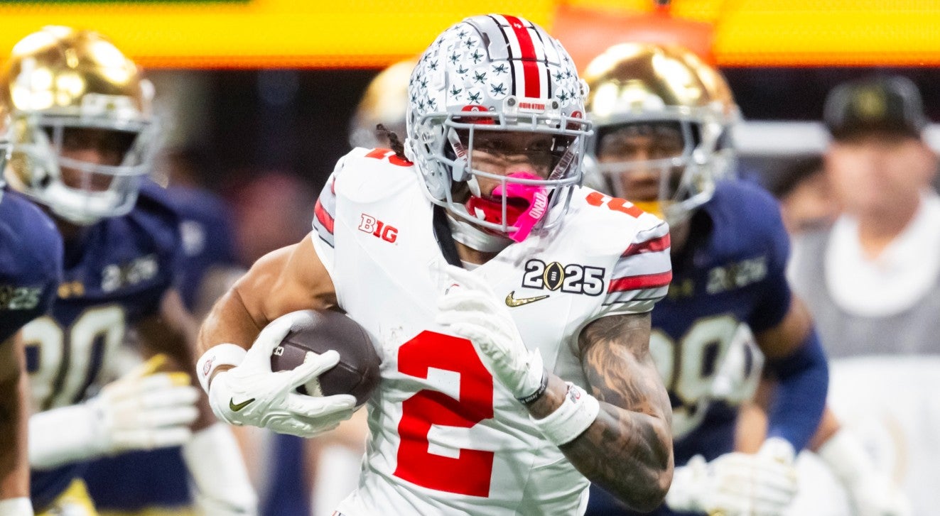 Jan 20, 2025; Atlanta, GA, USA; Ohio State Buckeyes wide receiver Emeka Egbuka (2) against the Notre Dame Fighting Irish during the CFP National Championship college football game at Mercedes-Benz Stadium. Mandatory Credit: Mark J. Rebilas-Imagn Images