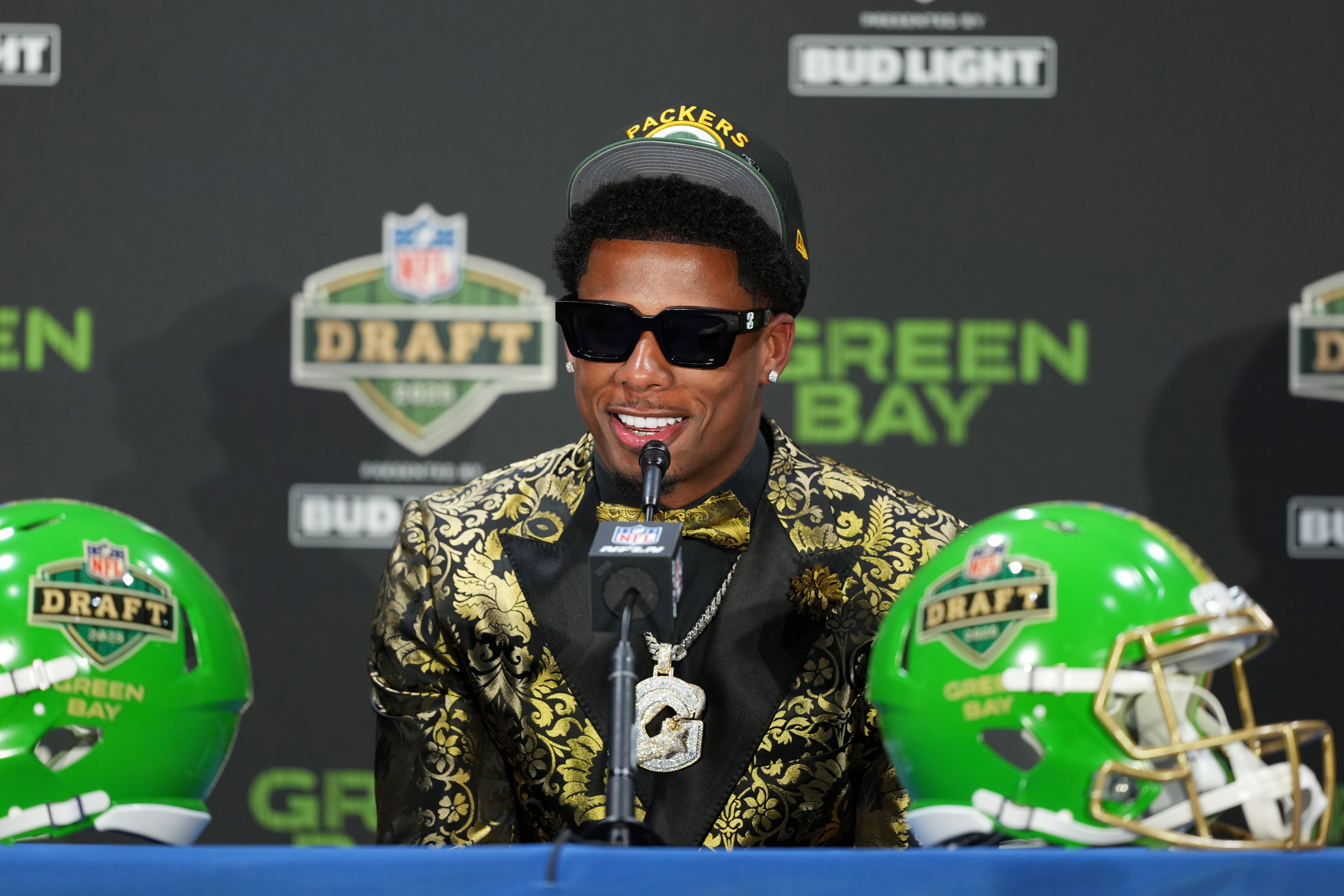 Matthew Golden speaks in a press conference after being selected by the Green Bay Packers as the number 23 pick in the first round of the 2025 NFL Draft at Lambeau Field.