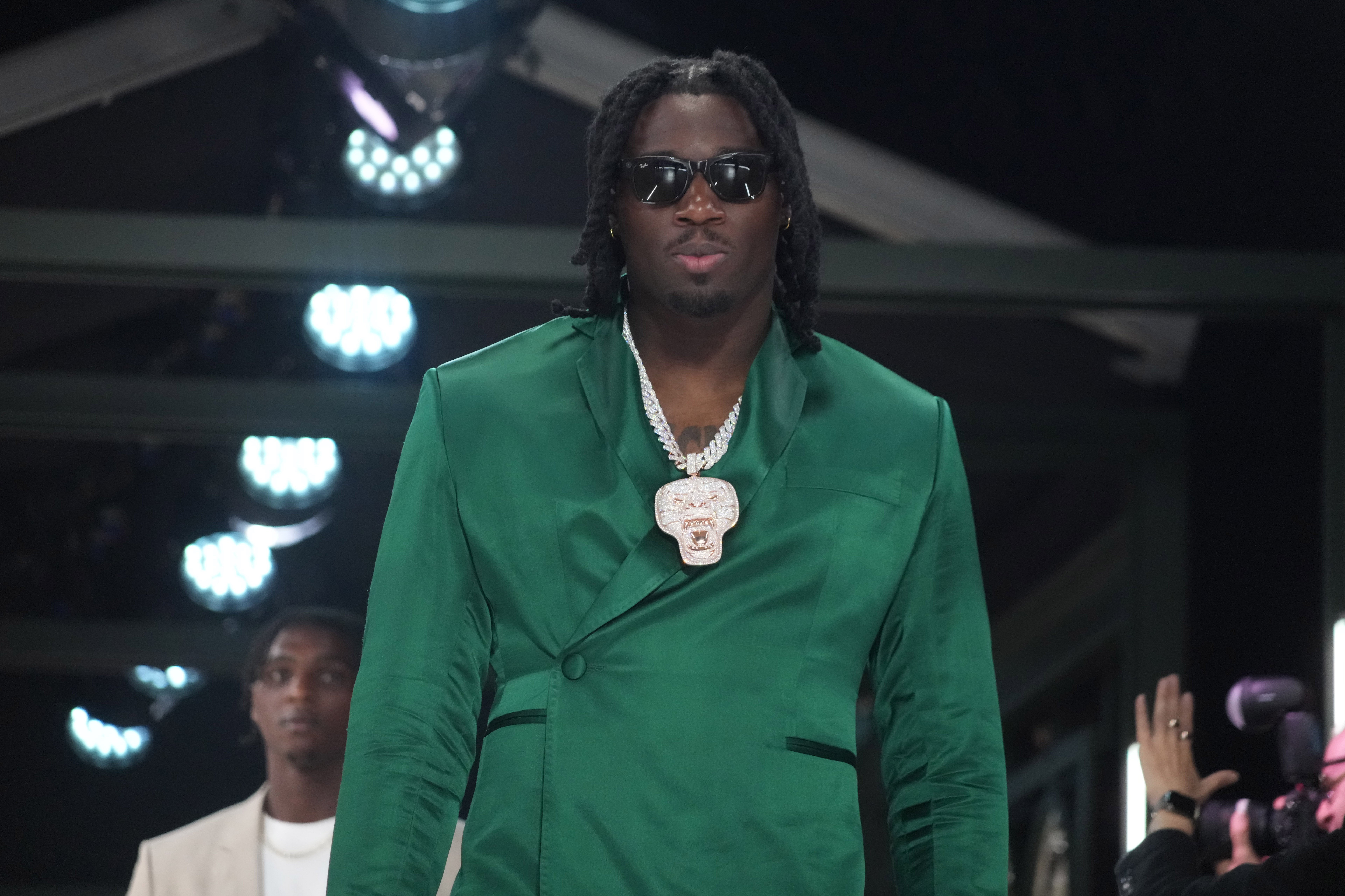 Texas A&M Aggies defensive end Shemar Stewart is introduced before the first round of the 2025 NFL Draft at Lambeau Field.