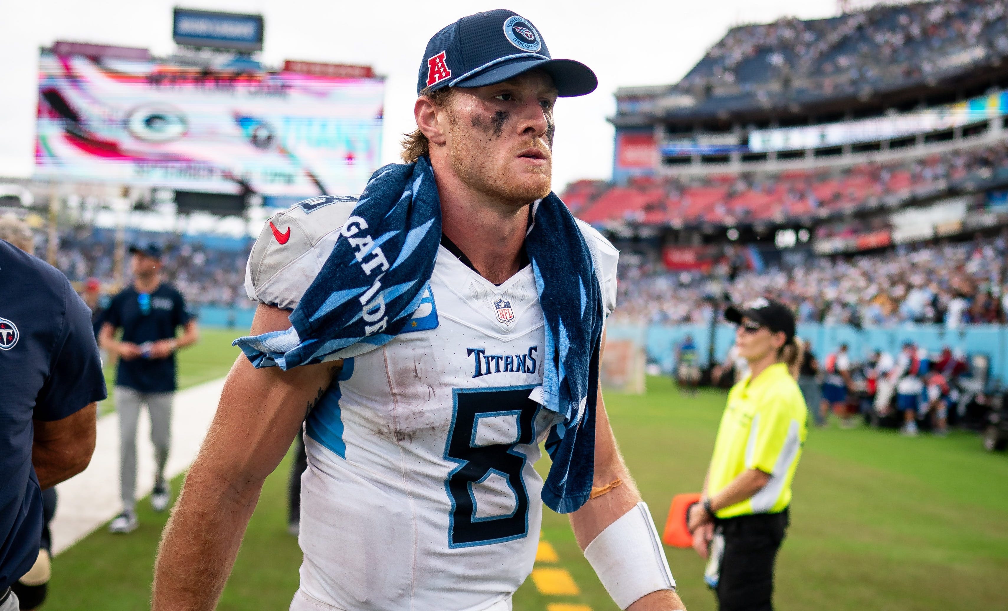 Tennessee Titans quarterback Will Levis (8) exits the field after losing 24-17 to the New York Jets in their home opener at Nissan Stadium in Nashville on Sept. 15, 2024 Andrew Nelles / The Tennessean-USA TODAY NETWORK via Imagn Images